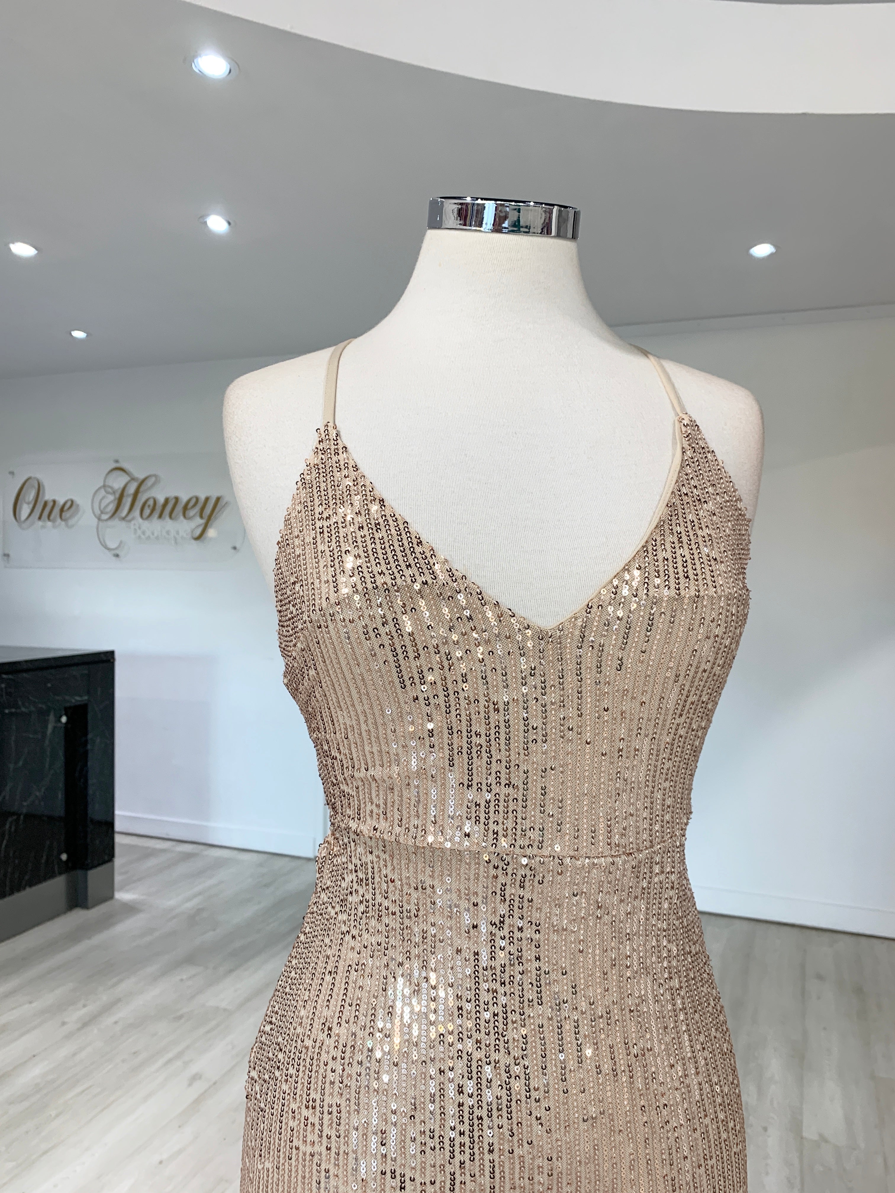 Honey Couture LUZ Champagne Gold Lace Up Sequin Formal Gown Dress {vendor} AfterPay Humm ZipPay LayBuy Sezzle