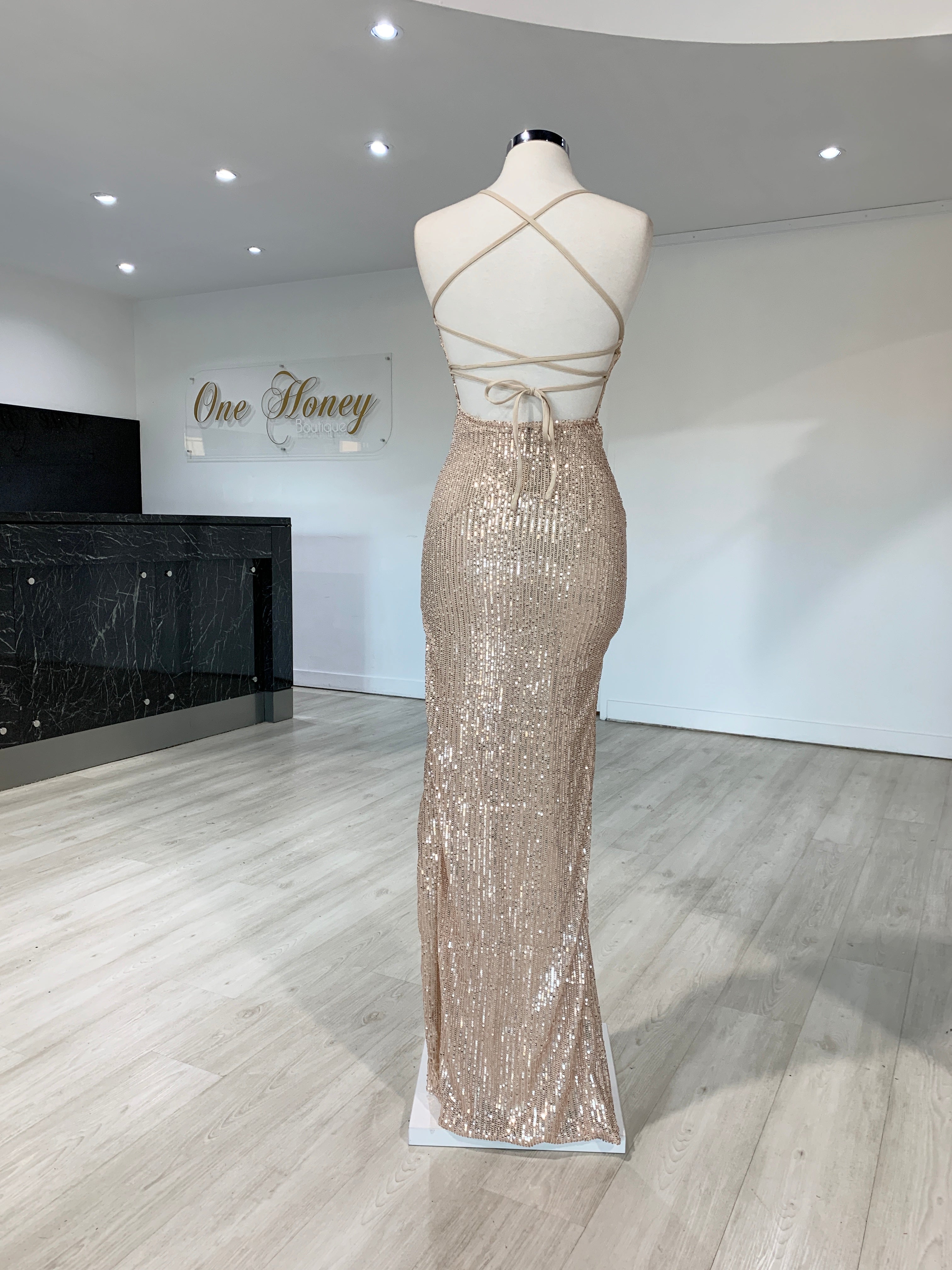 Honey Couture LUZ Champagne Gold Lace Up Sequin Formal Gown Dress {vendor} AfterPay Humm ZipPay LayBuy Sezzle