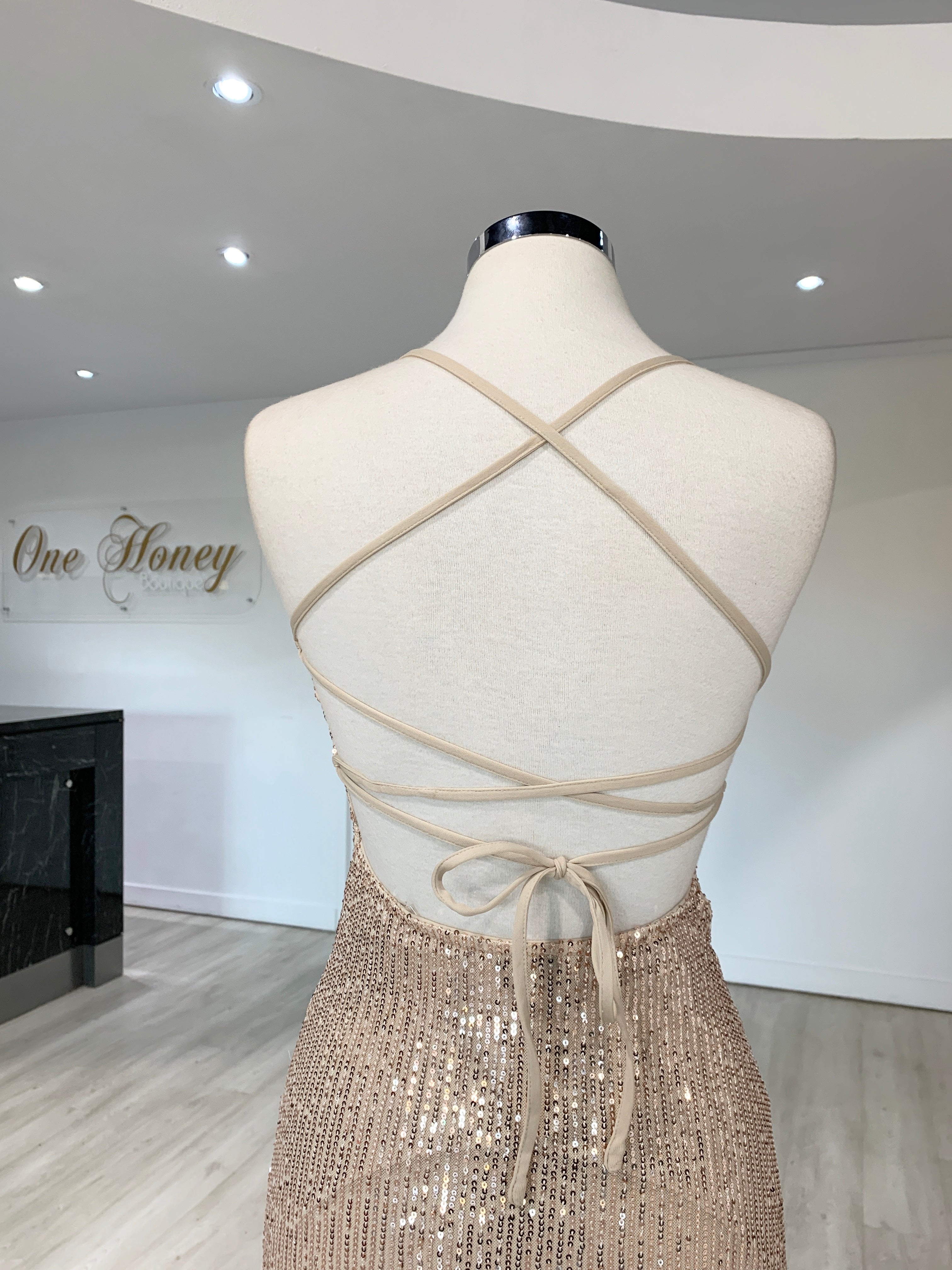 Honey Couture LUZ Champagne Gold Lace Up Sequin Formal Gown Dress {vendor} AfterPay Humm ZipPay LayBuy Sezzle
