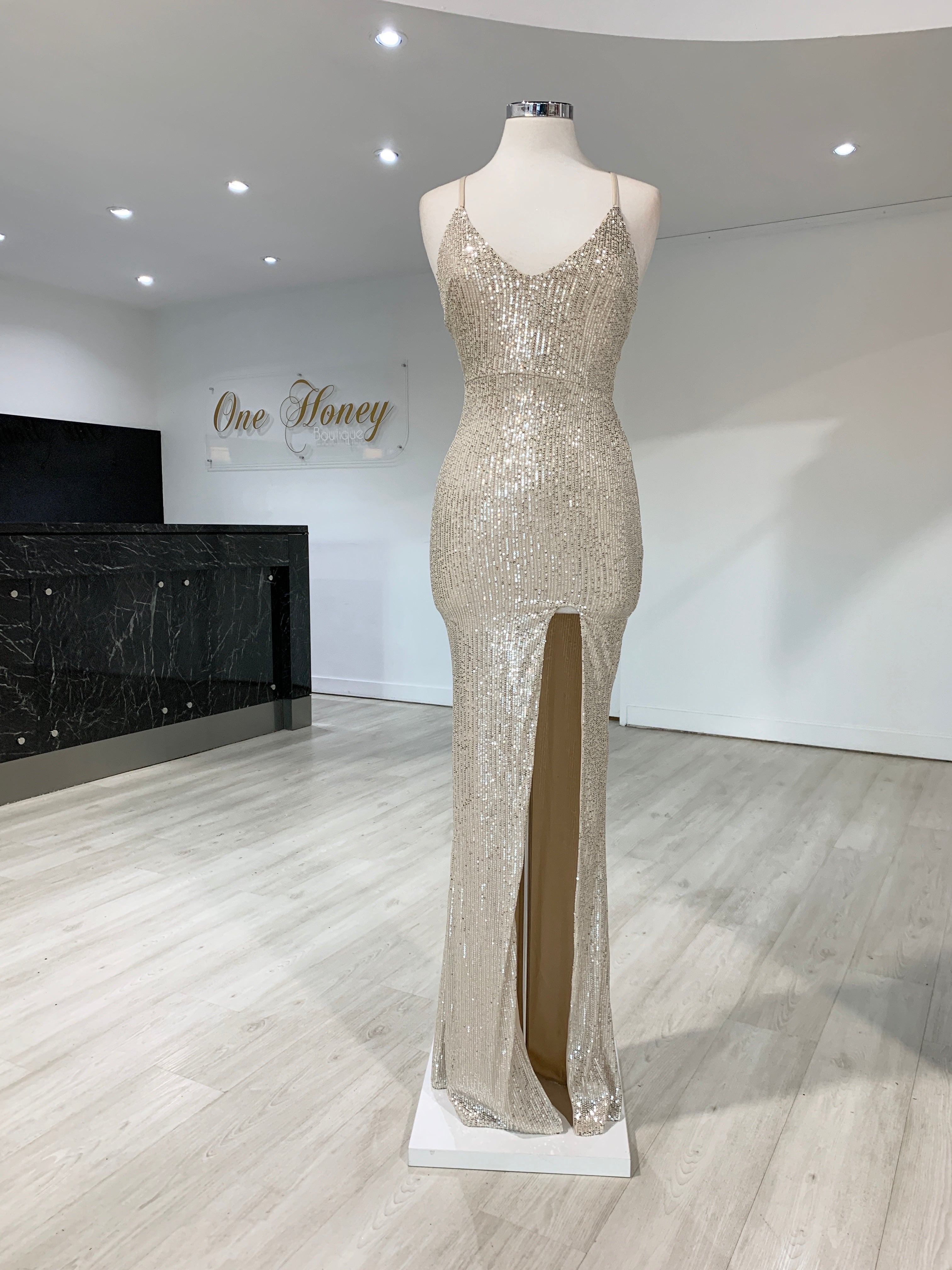 Honey Couture LUZ Silver Lace Up Sequin Formal Gown Dress {vendor} AfterPay Humm ZipPay LayBuy Sezzle