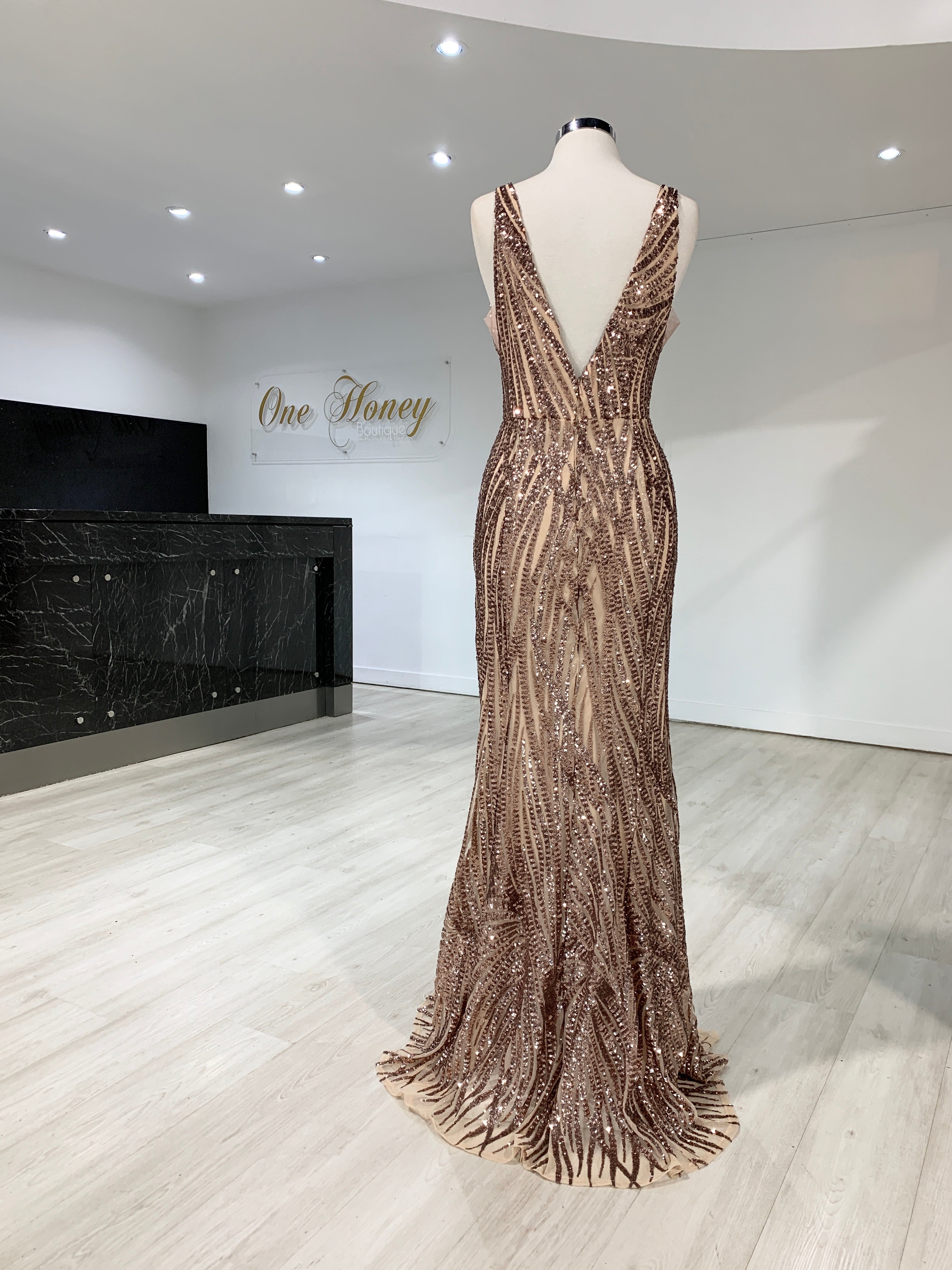 Honey Couture YASMIN Rose Gold Sequin Formal Gown {vendor} AfterPay Humm ZipPay LayBuy Sezzle