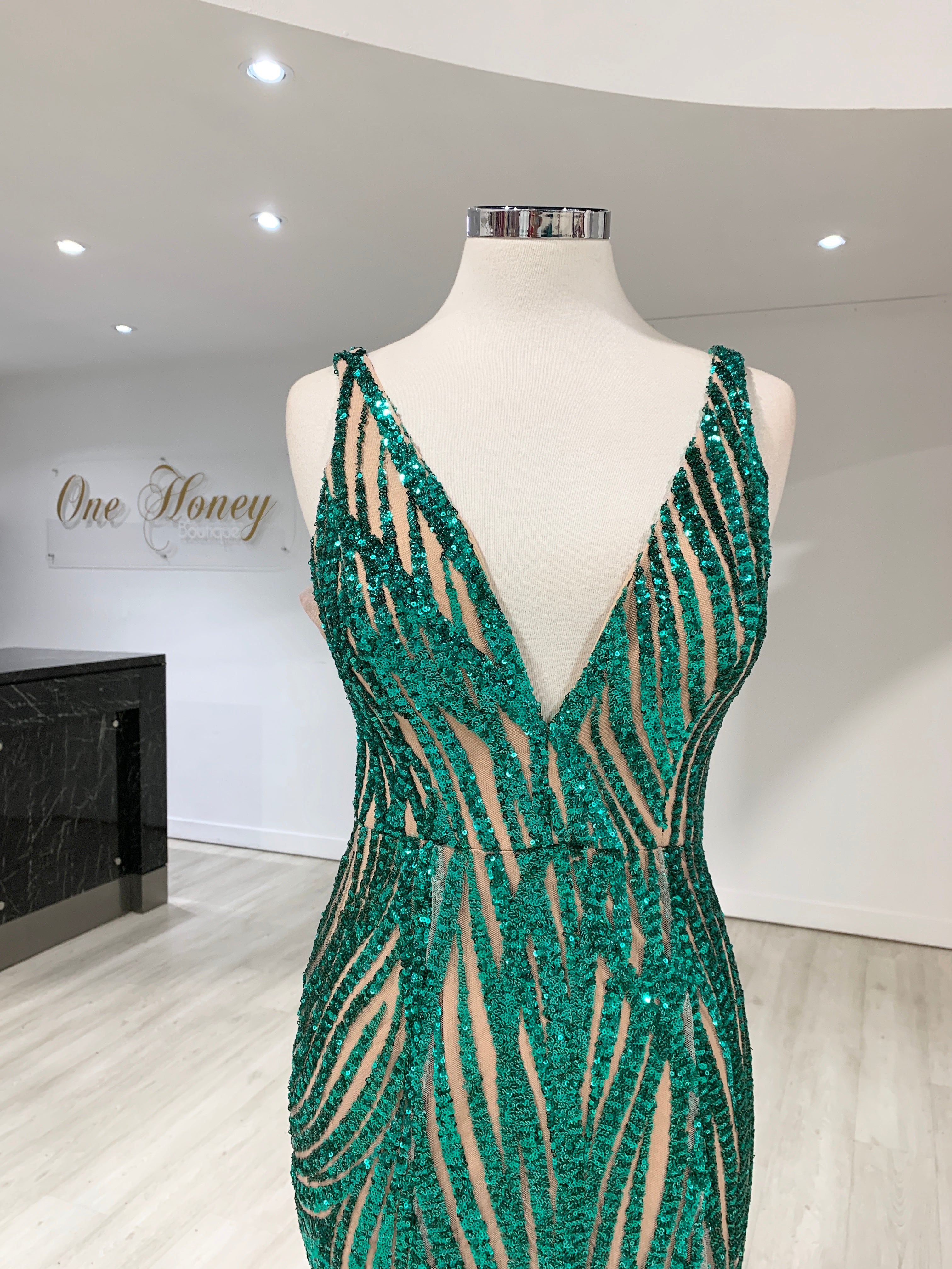 Honey Couture YASMIN Emerald Green Sequin Formal Gown {vendor} AfterPay Humm ZipPay LayBuy Sezzle