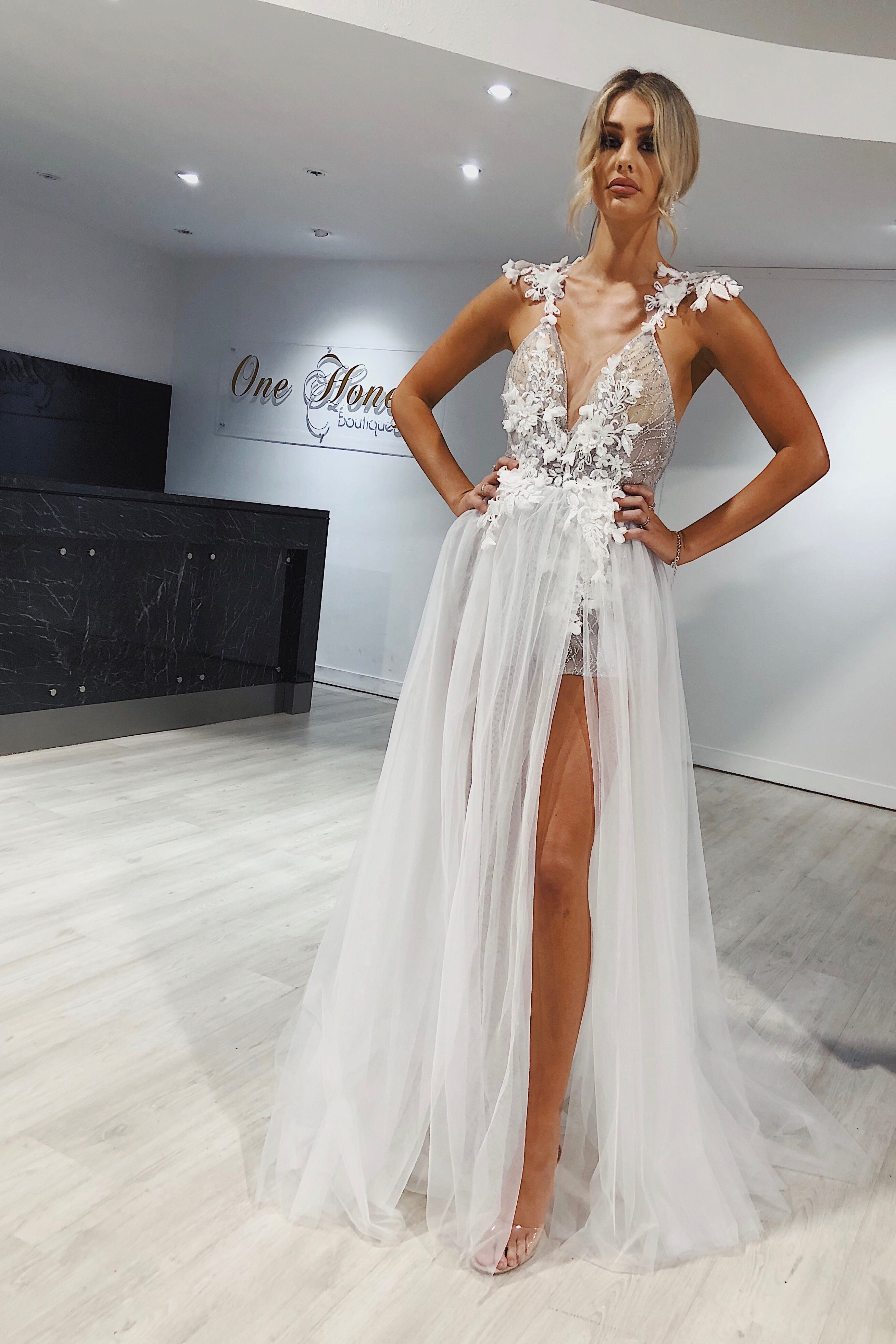 Honey Couture SOPHIA White Tulle Glitter Bodysuit Formal Dress