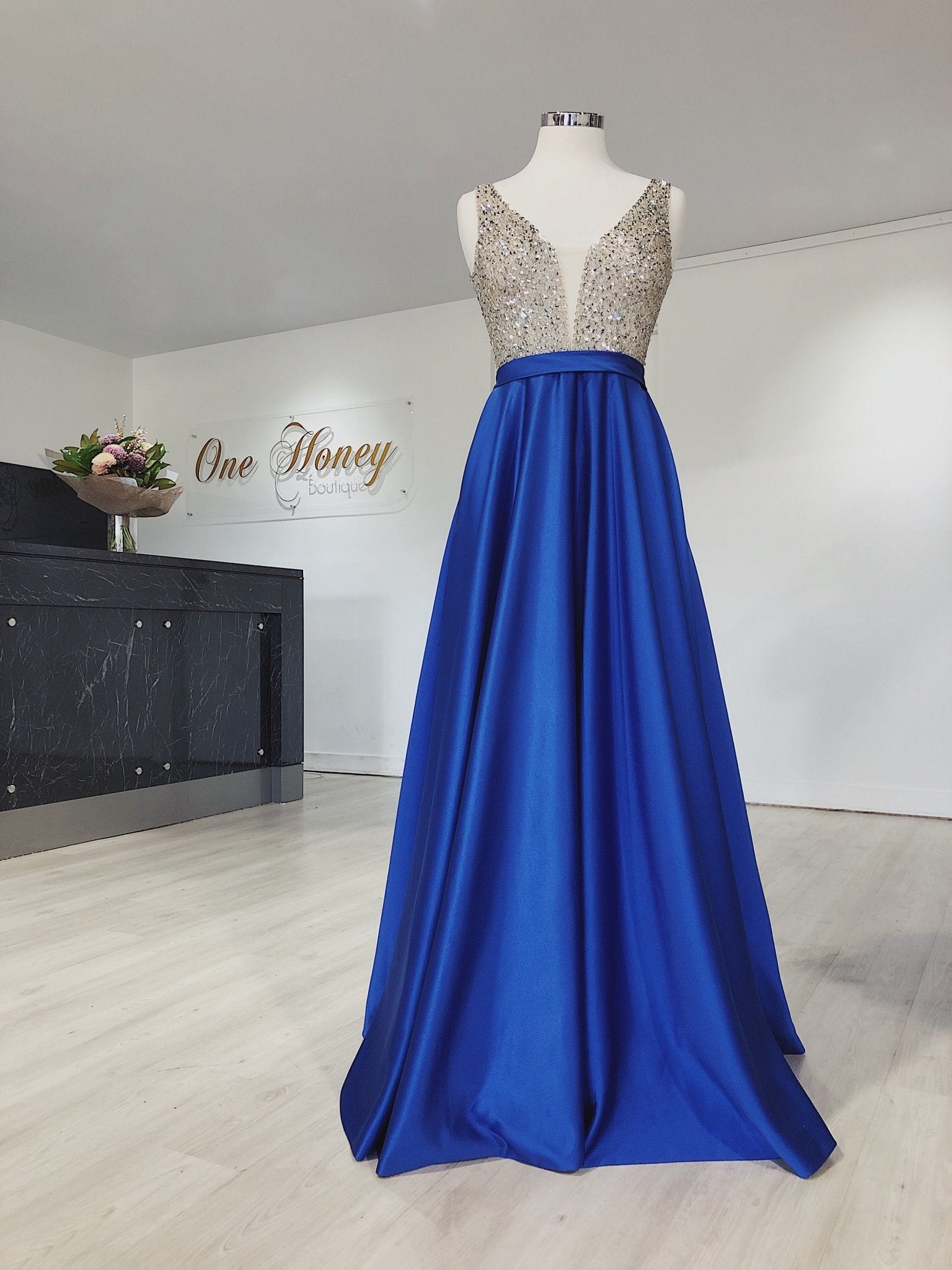 Honey Couture BROYN Silver Diamante Front Princess Ball Formal Gown Dress in Australia | One Honey Boutique