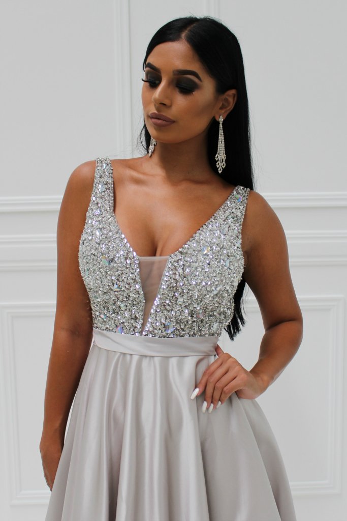 Honey Couture BROYN Silver Diamante Front Princess Ball Formal Gown Dress Honey Couture Custom$ AfterPay Humm ZipPay LayBuy Sezzle
