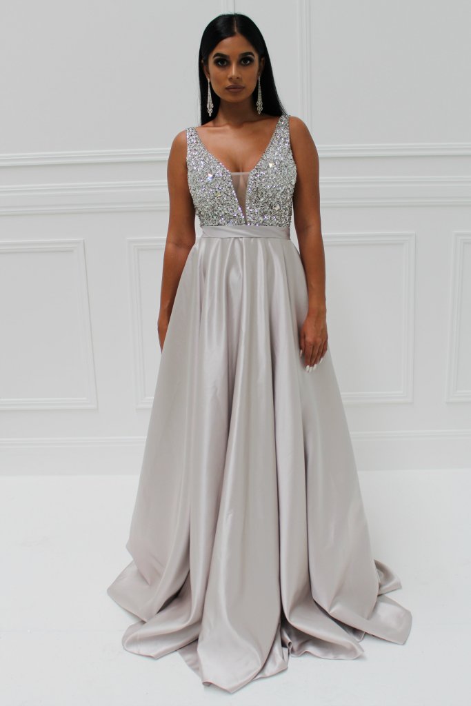 Honey Couture BROYN Silver Diamante Front Princess Ball Formal Gown Dress Honey Couture Custom$ AfterPay Humm ZipPay LayBuy Sezzle