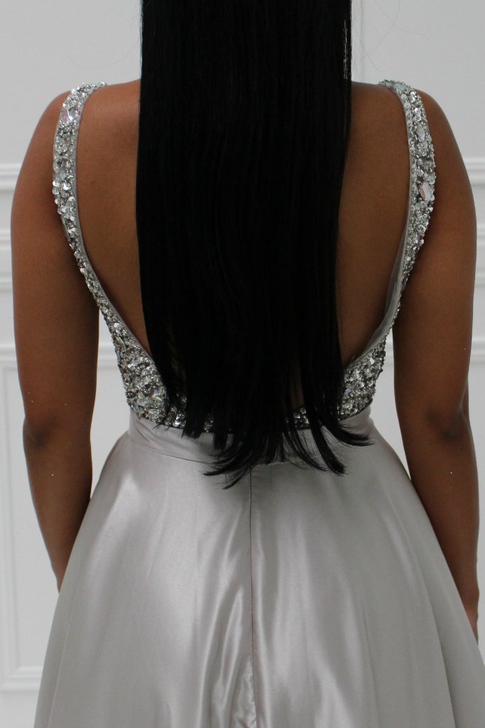 Honey Couture BROYN Silver Diamante Front Princess Ball Formal Gown Dress Honey Couture Custom$ AfterPay Humm ZipPay LayBuy Sezzle