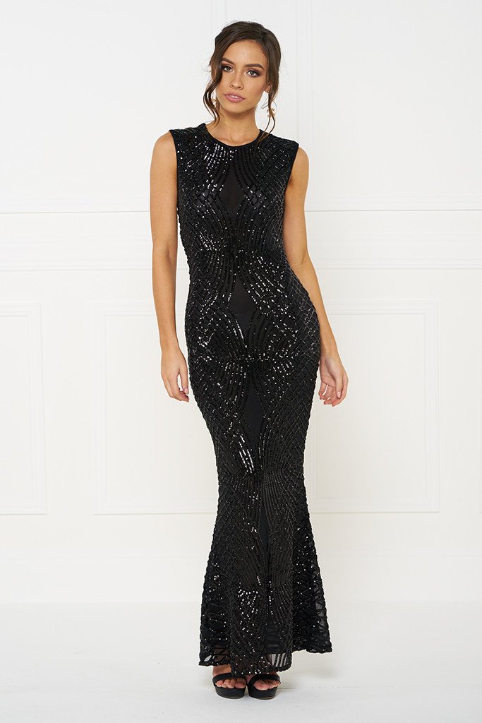 Honey Couture DELILAH Black Sequin Evening Gown Dress