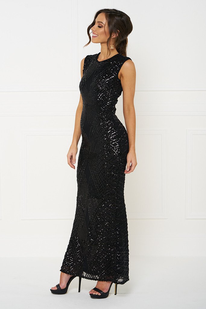 Honey Couture DELILAH Black Sequin Evening Gown Dress Honey Couture$ AfterPay Humm ZipPay LayBuy Sezzle