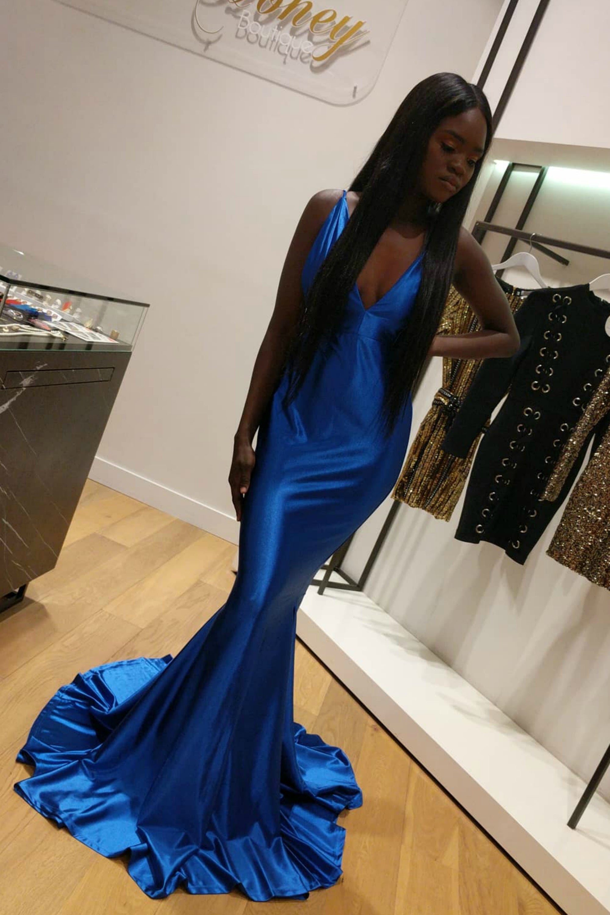 Honey Couture KYLEE Blue Mermaid Trumpet Low Back Formal Gown Honey Couture$ AfterPay Humm ZipPay LayBuy Sezzle