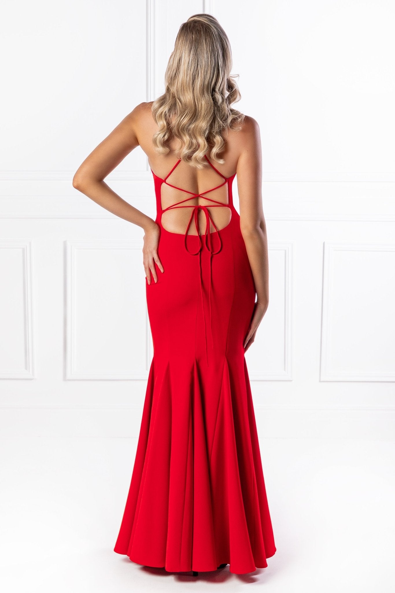 The SANCHA Red Low Back Lace Up Mermaid Evening Gown Dress in Australia | One Honey Boutique