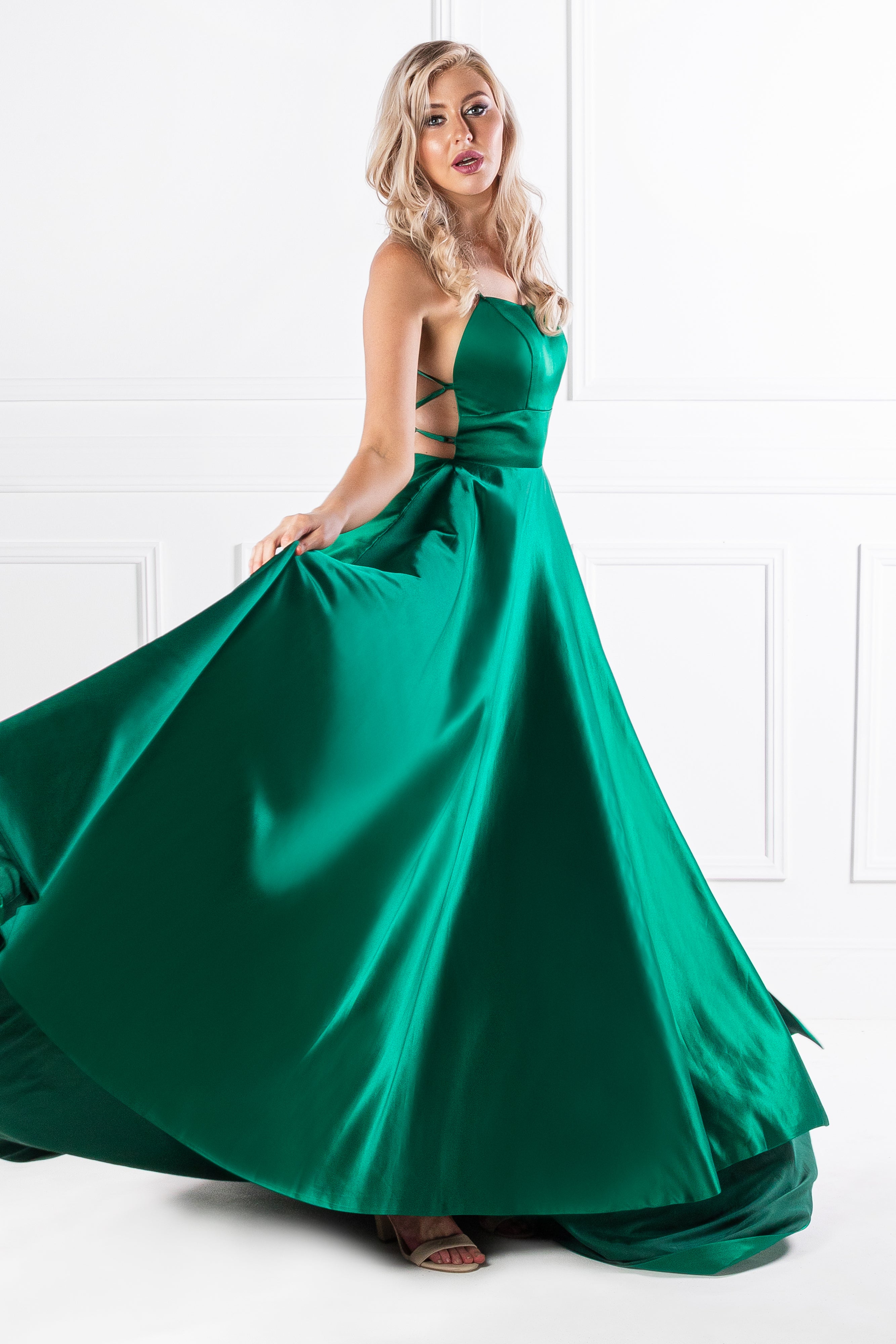 SHERRI Emerald Green Lace Up Back Satin Formal Gown {vendor} AfterPay Humm ZipPay LayBuy Sezzle