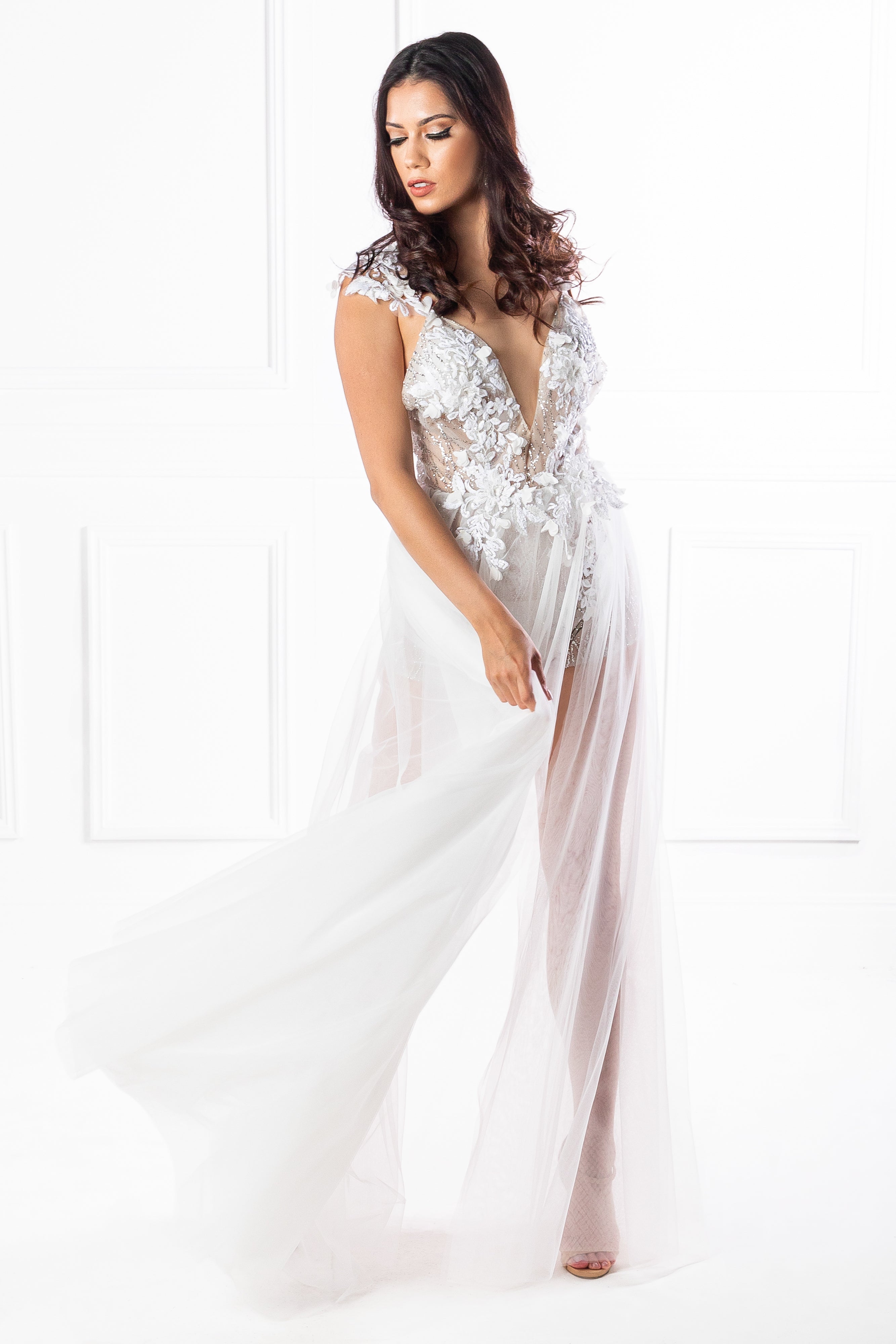Honey Couture SOPHIA White Tulle Glitter Bodysuit Formal Dress {vendor} AfterPay Humm ZipPay LayBuy Sezzle