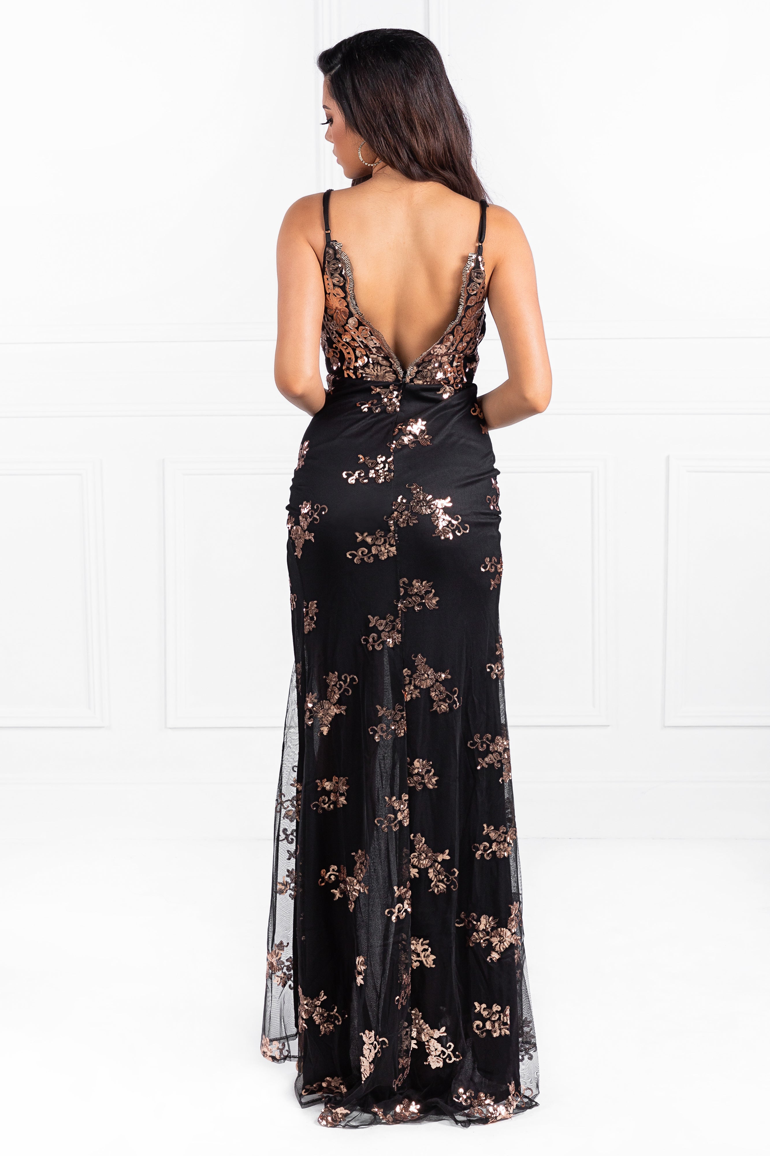 Honey Couture HIVE Black & Rose Gold Sequin Formal Gown