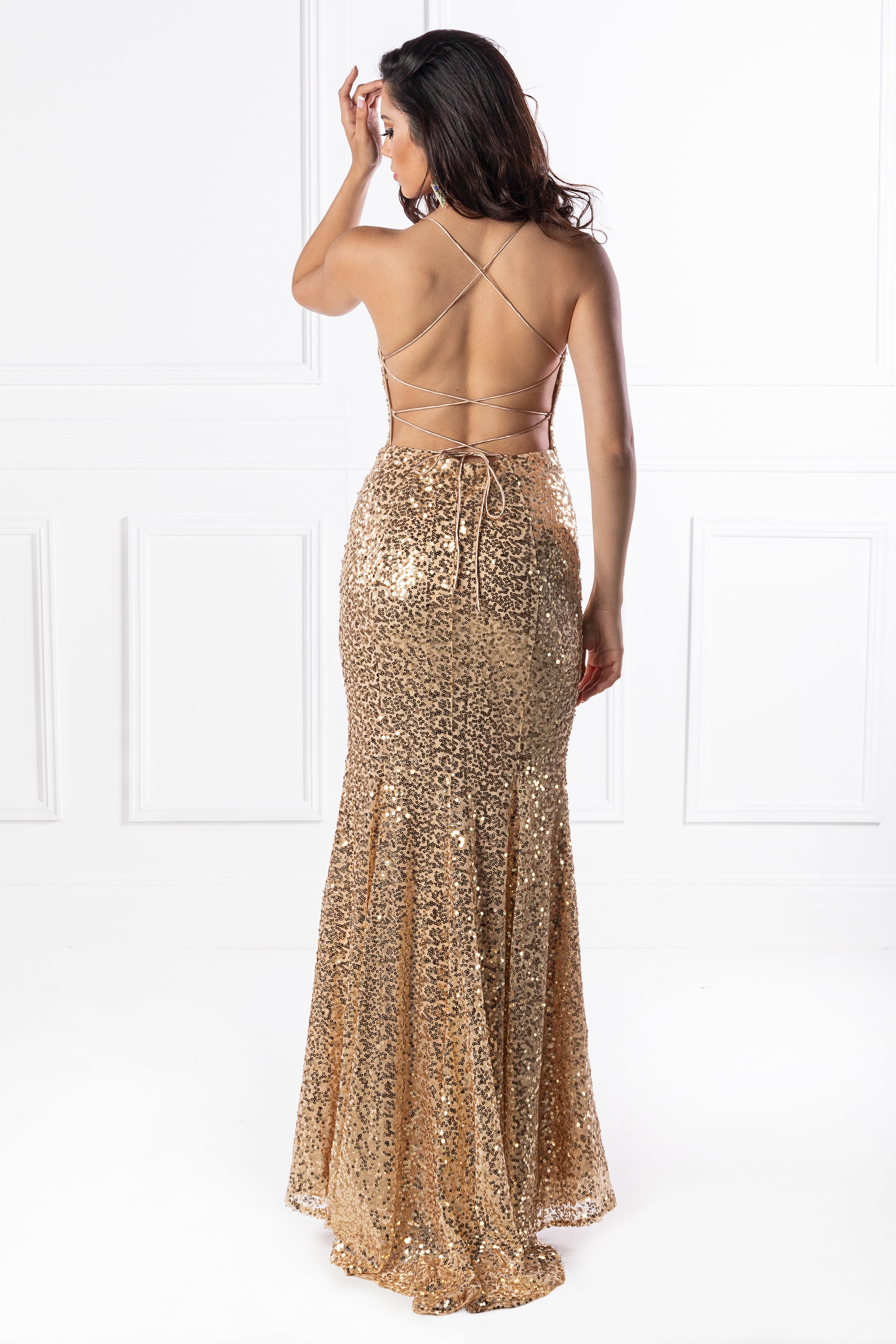 The NIKEETA Gold Sequin Corset Back Mermaid Formal Gown {vendor} AfterPay Humm ZipPay LayBuy Sezzle