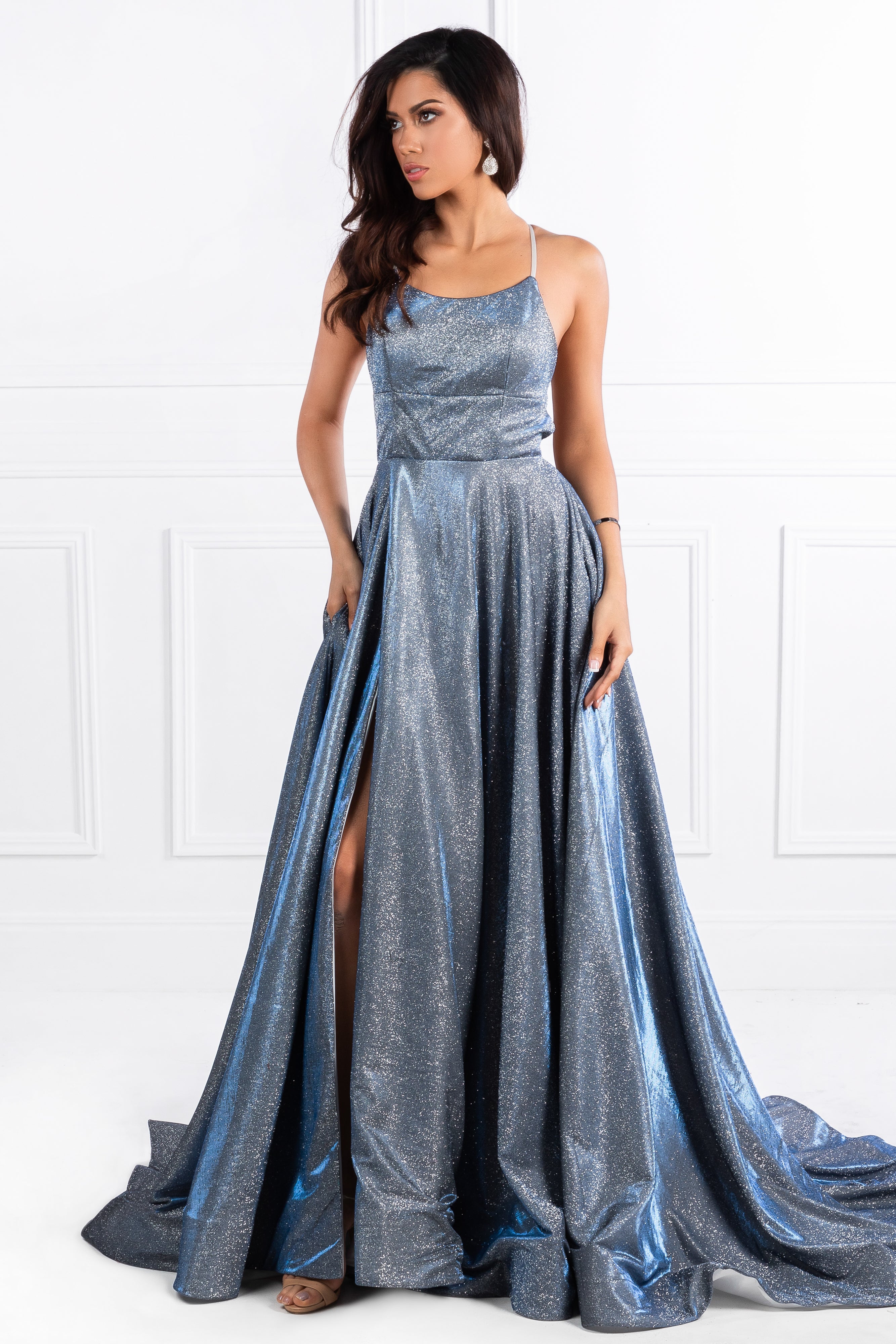 Honey Couture HARRIETT Blue Glitter Fabric Custom Made Formal Dress {vendor} AfterPay Humm ZipPay LayBuy Sezzle