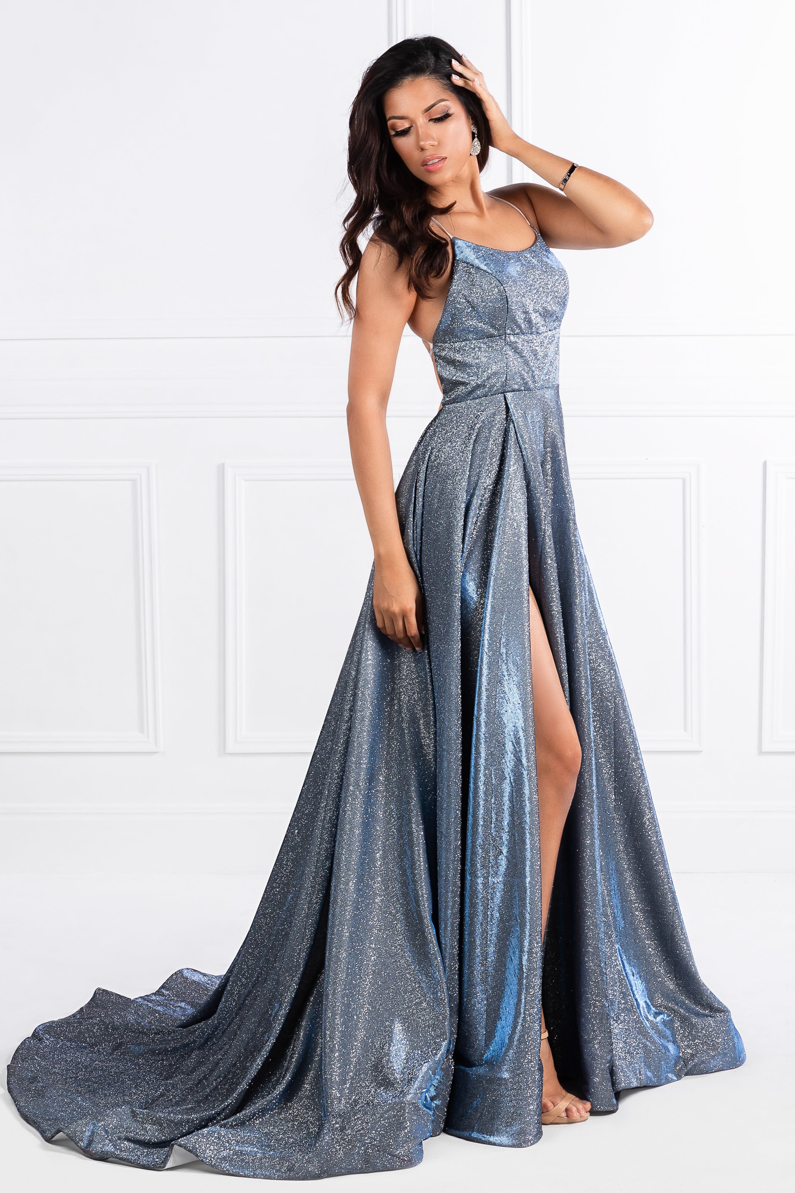 Honey Couture HARRIETT Blue Glitter Fabric Custom Made Formal Dress {vendor} AfterPay Humm ZipPay LayBuy Sezzle