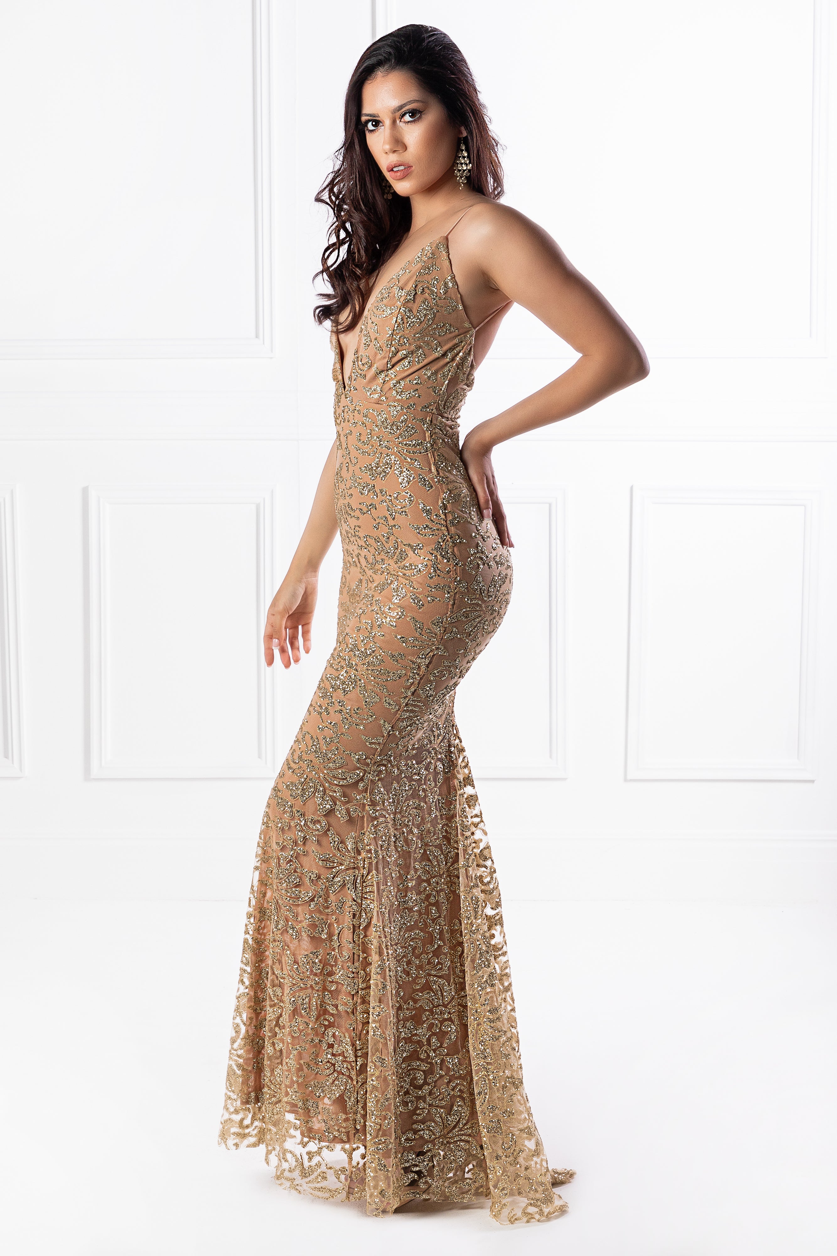 Honey Couture ETTA Gold Lace &amp; Glitter Overlay Mermaid Formal Gown Dress {vendor} AfterPay Humm ZipPay LayBuy Sezzle