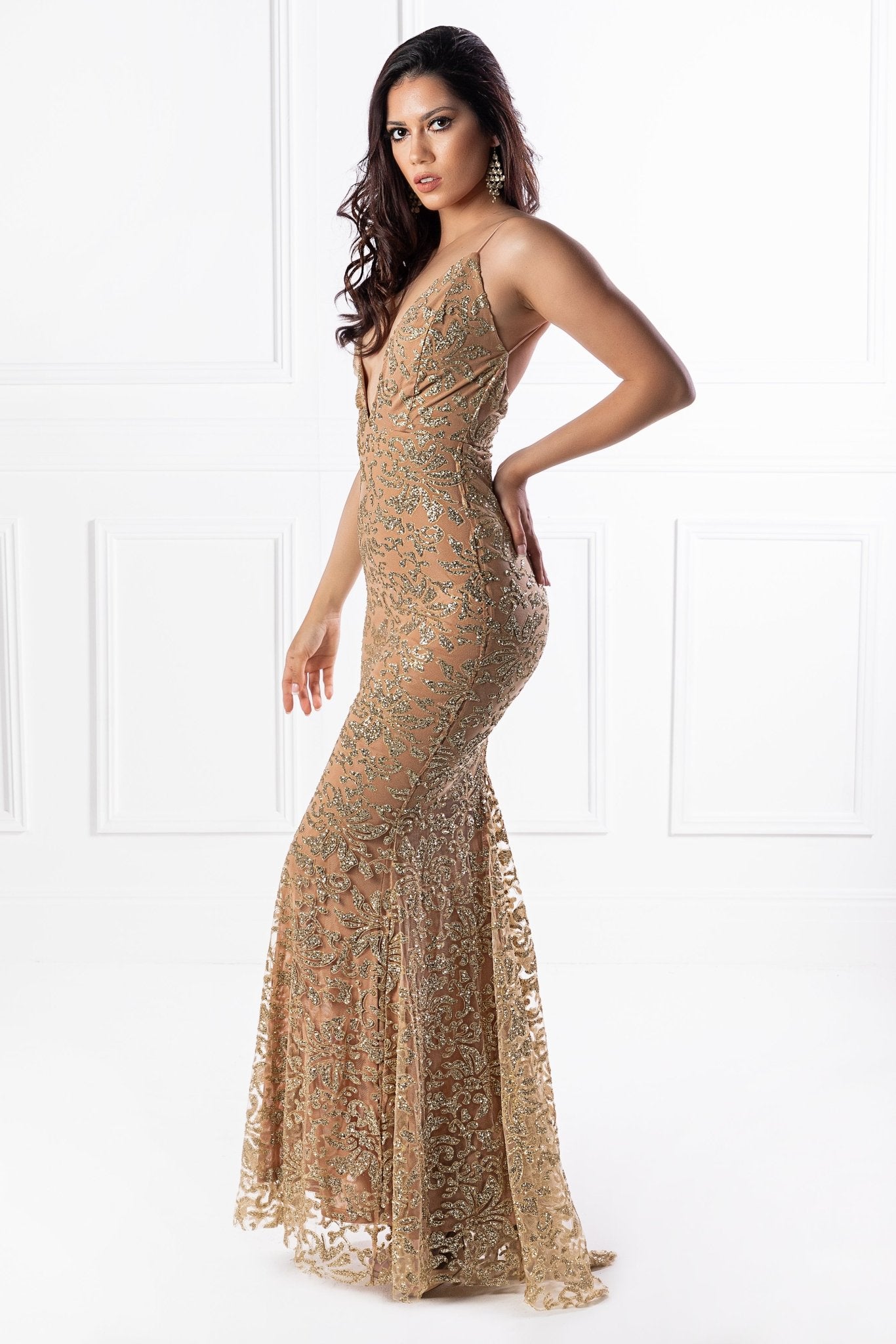 Honey Couture ETTA Gold Lace & Glitter Overlay Mermaid Formal Gown Dress in Australia | One Honey Boutique