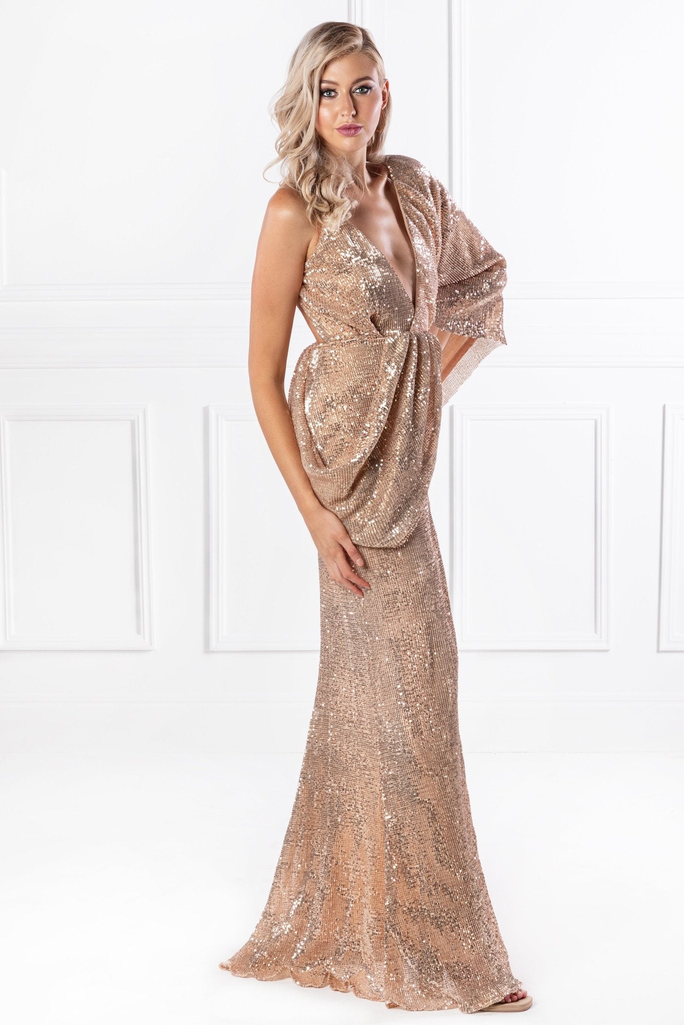 Honey Couture SHAKIRA Rose Gold One Sleeve Sequin Formal Dress in Australia | One Honey Boutique