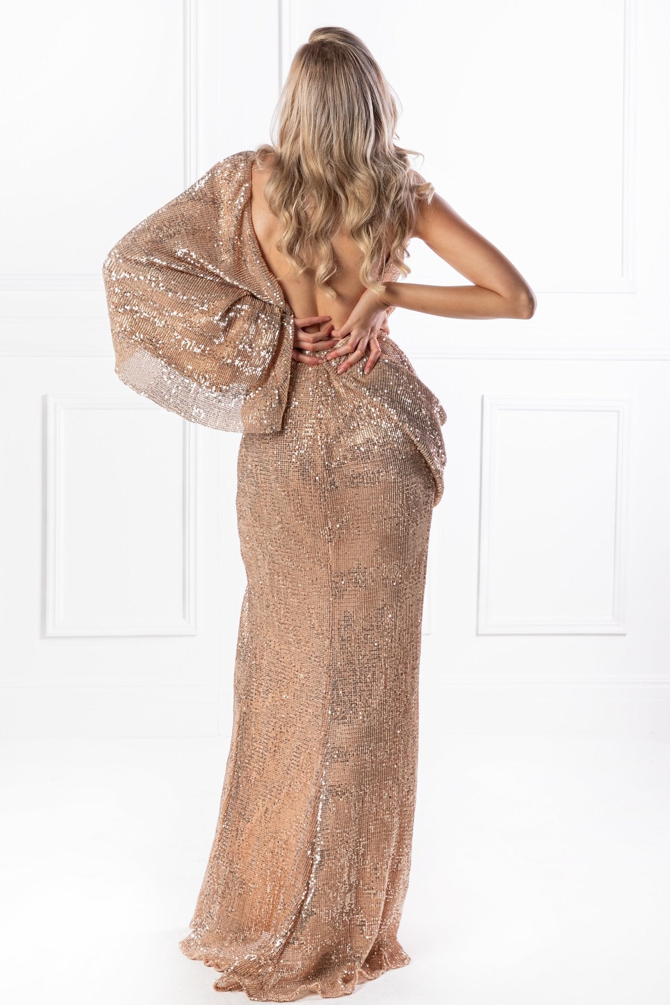 Honey Couture SHAKIRA Rose Gold One Sleeve Sequin Formal Dress in Australia | One Honey Boutique