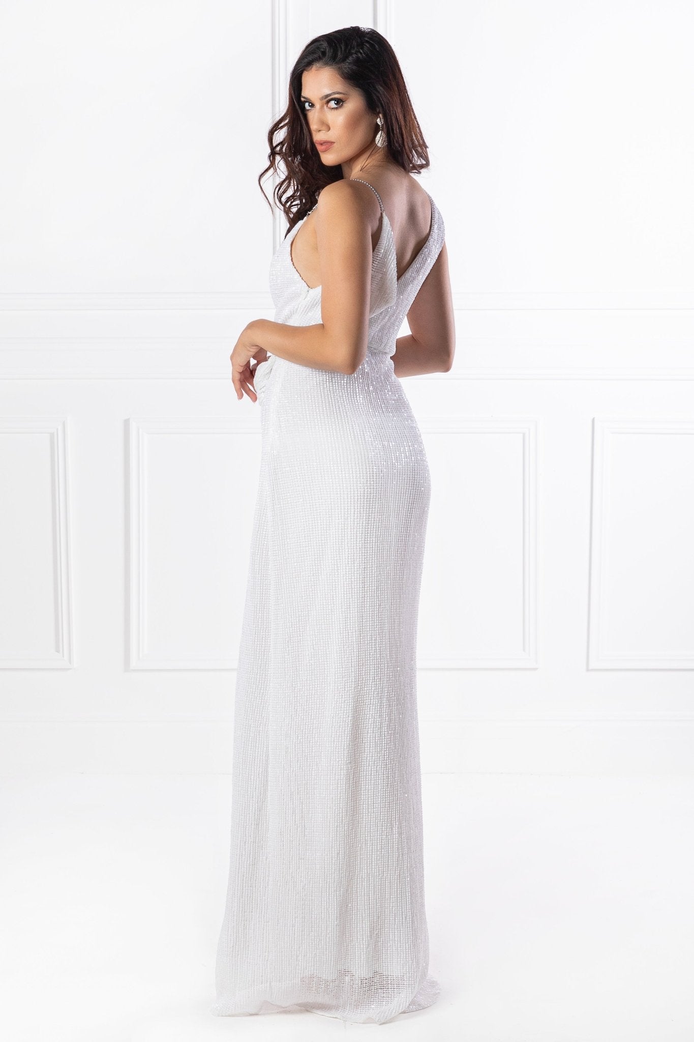 Honey Couture SHANIKA White One Sleeve Sequin Formal Dress in Australia | One Honey Boutique