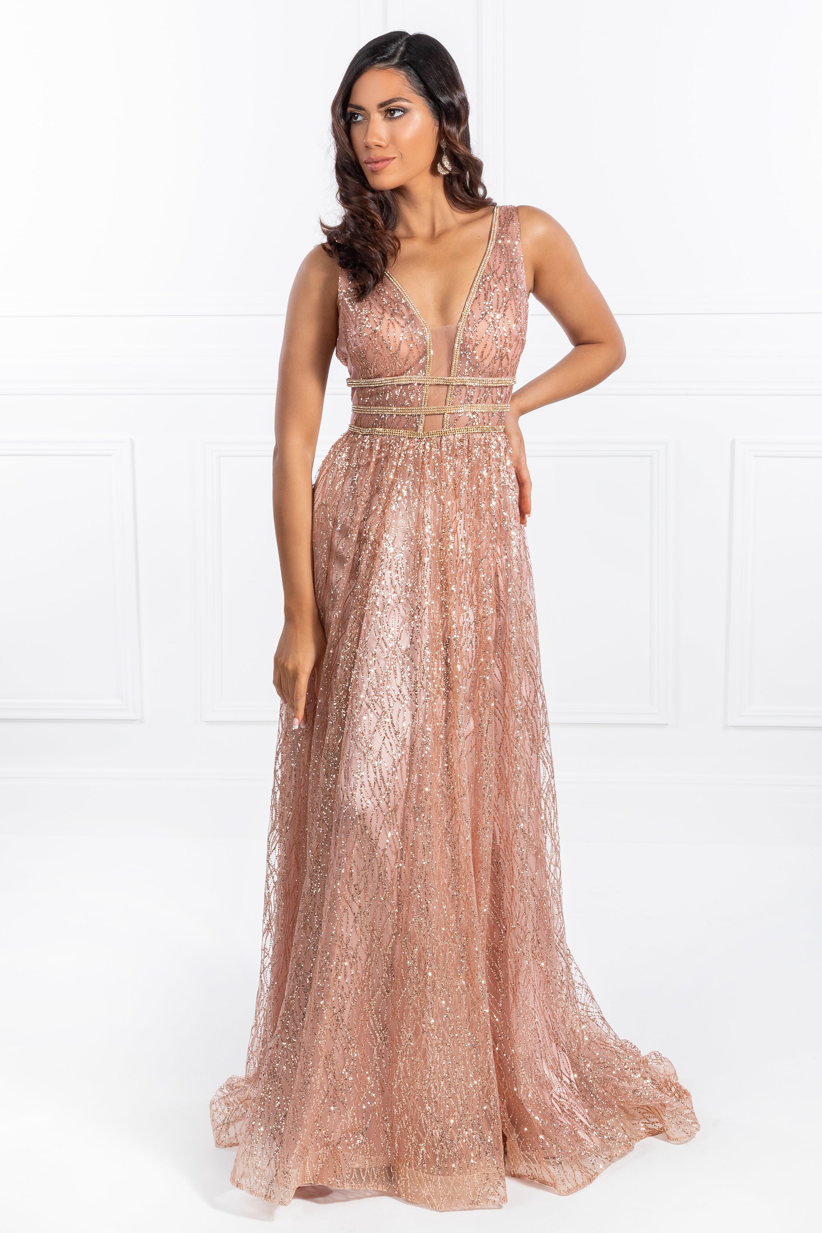 Honey Couture ENYA Rose Gold Glitter Formal Gown