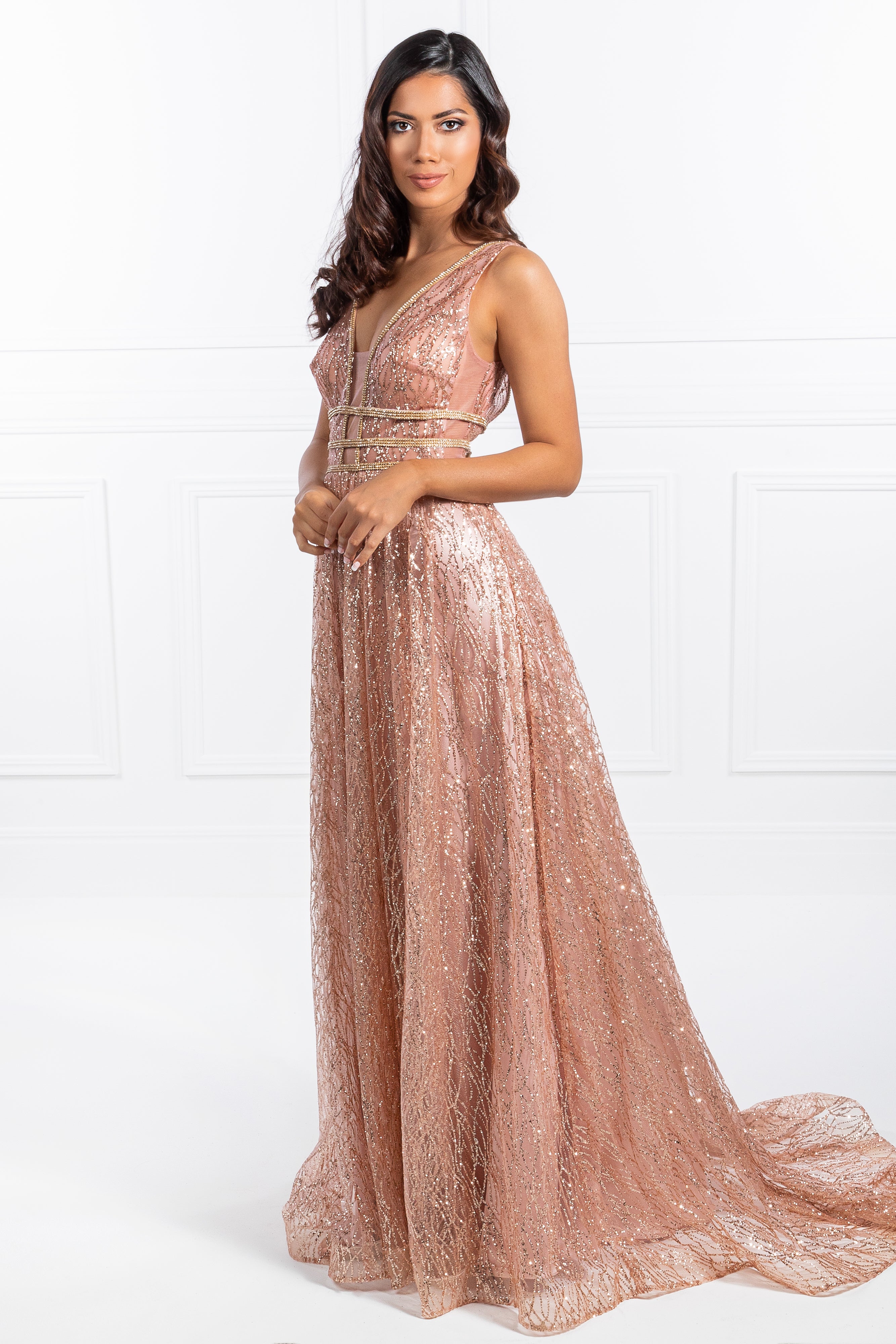 Honey Couture ENYA Rose Gold Glitter Formal Gown