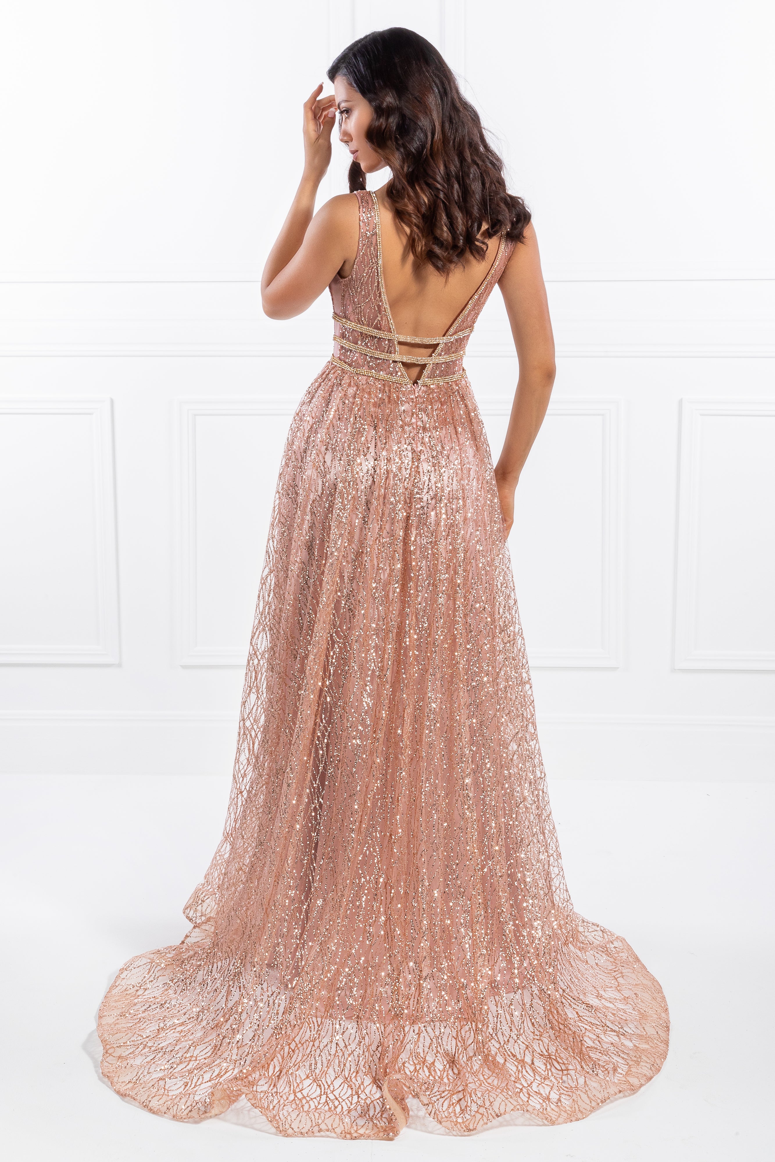 Honey Couture ENYA Rose Gold Glitter Formal Gown