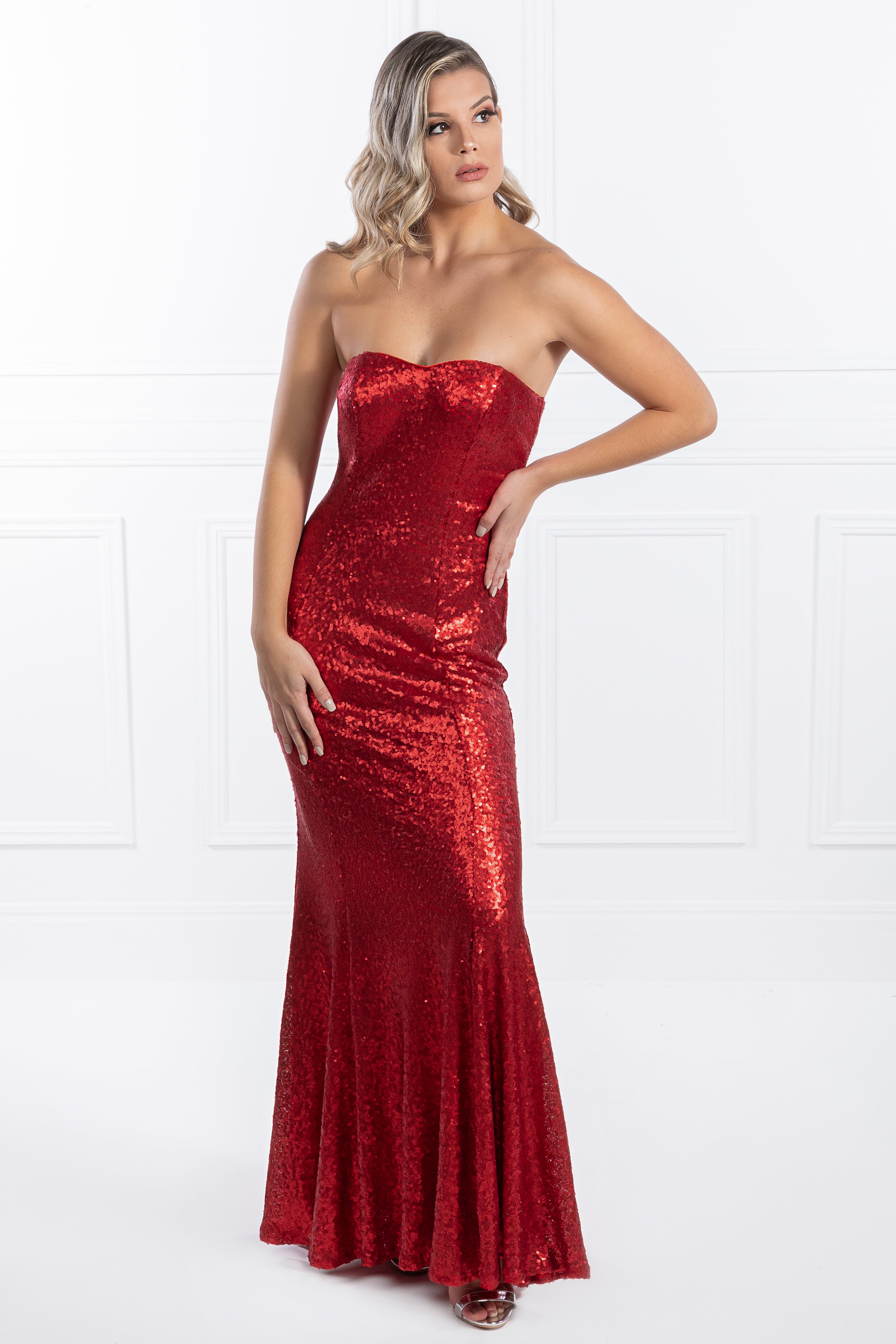 Honey Couture LIBBY Red Strapless Sequin Formal Dress