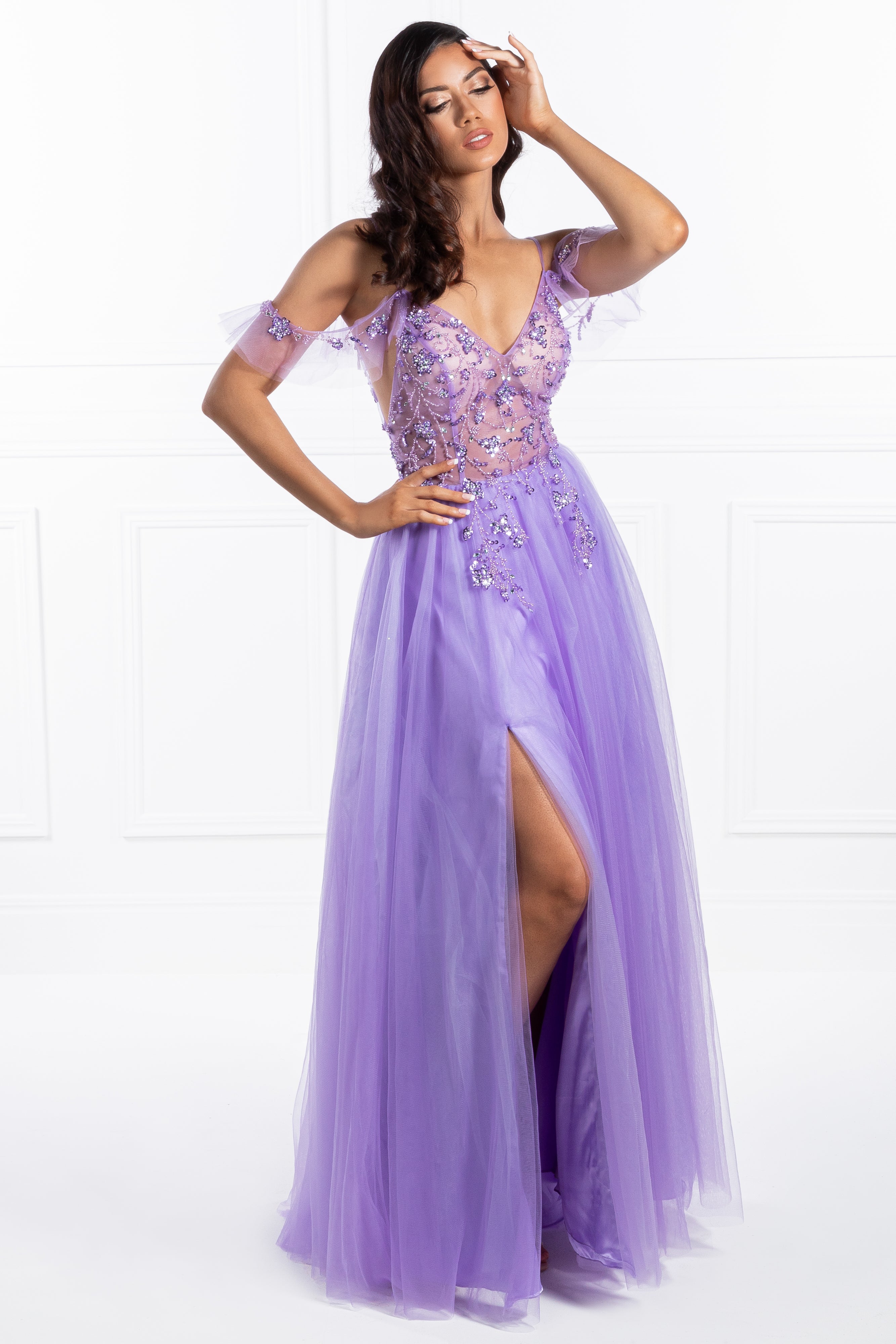 Honey Couture LOLA Purple Crystal Tulle Skirt Formal Dress