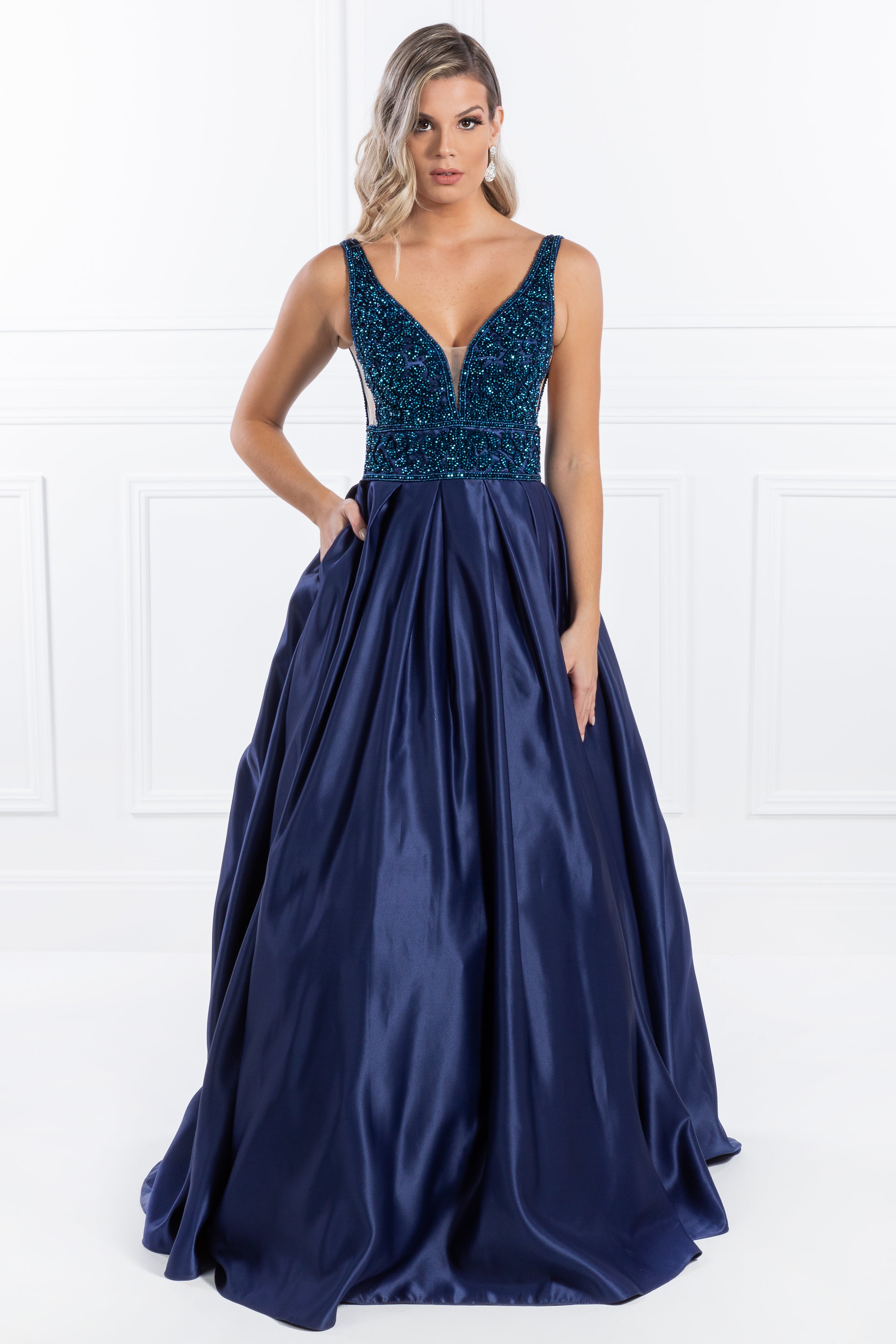 Honey Couture EMELY Royal Blue Beaded Ball Gown Formal Dress