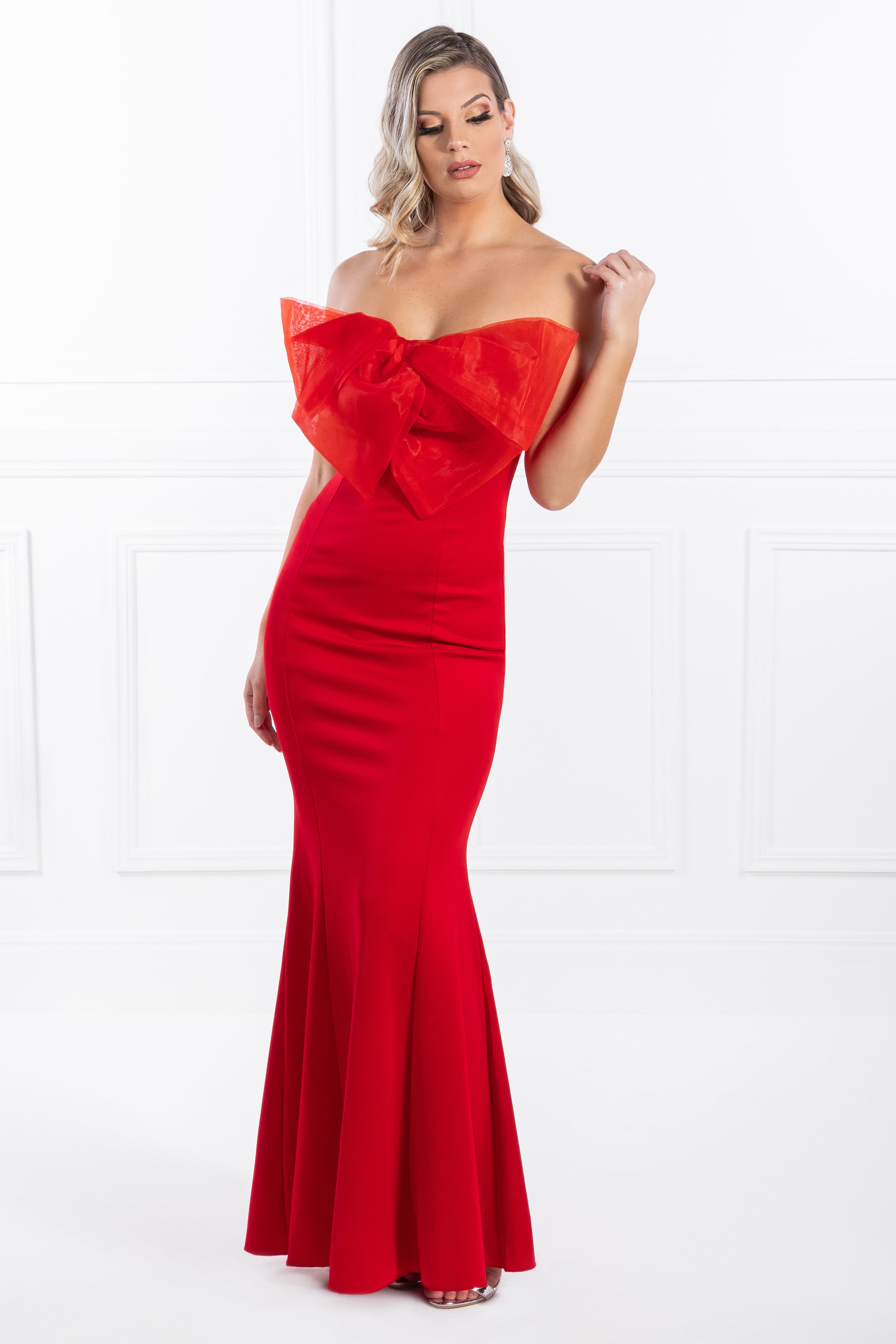 Honey Couture FREJA Red Bow Strapless Evening Gown Dress