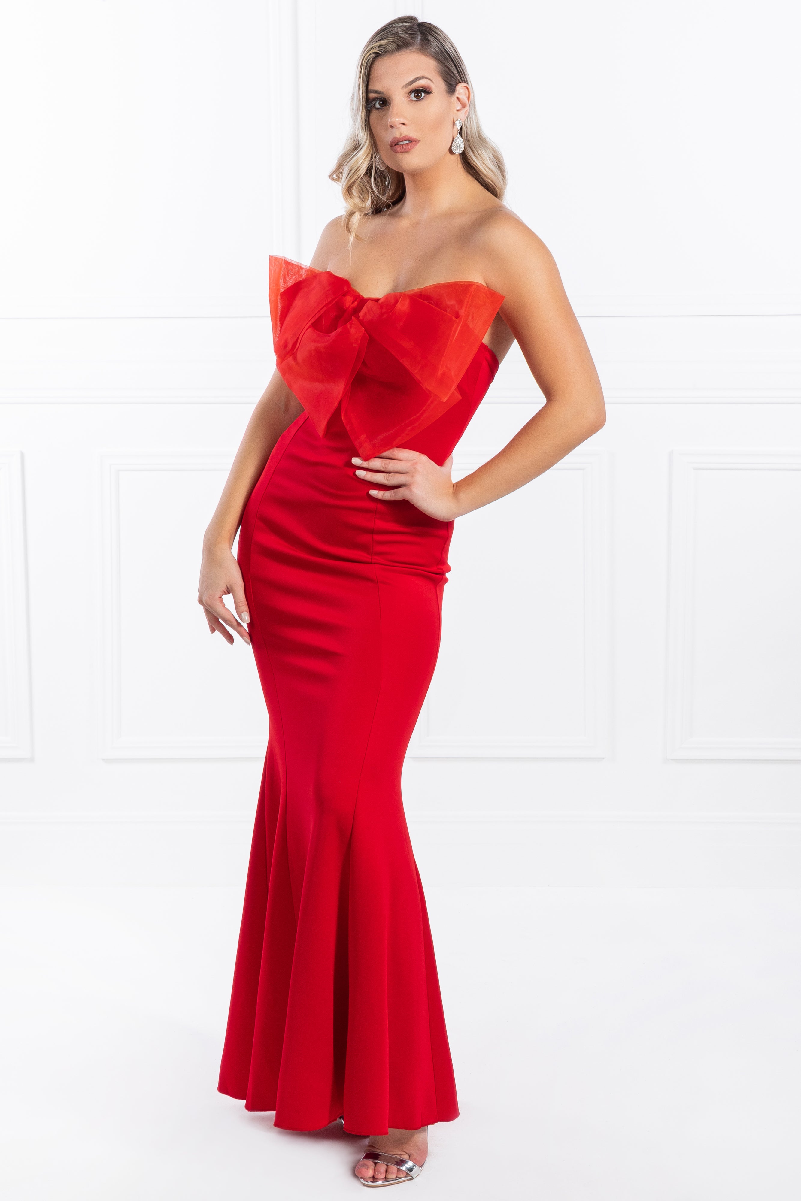 Honey Couture FREJA Red Bow Strapless Evening Gown Dress
