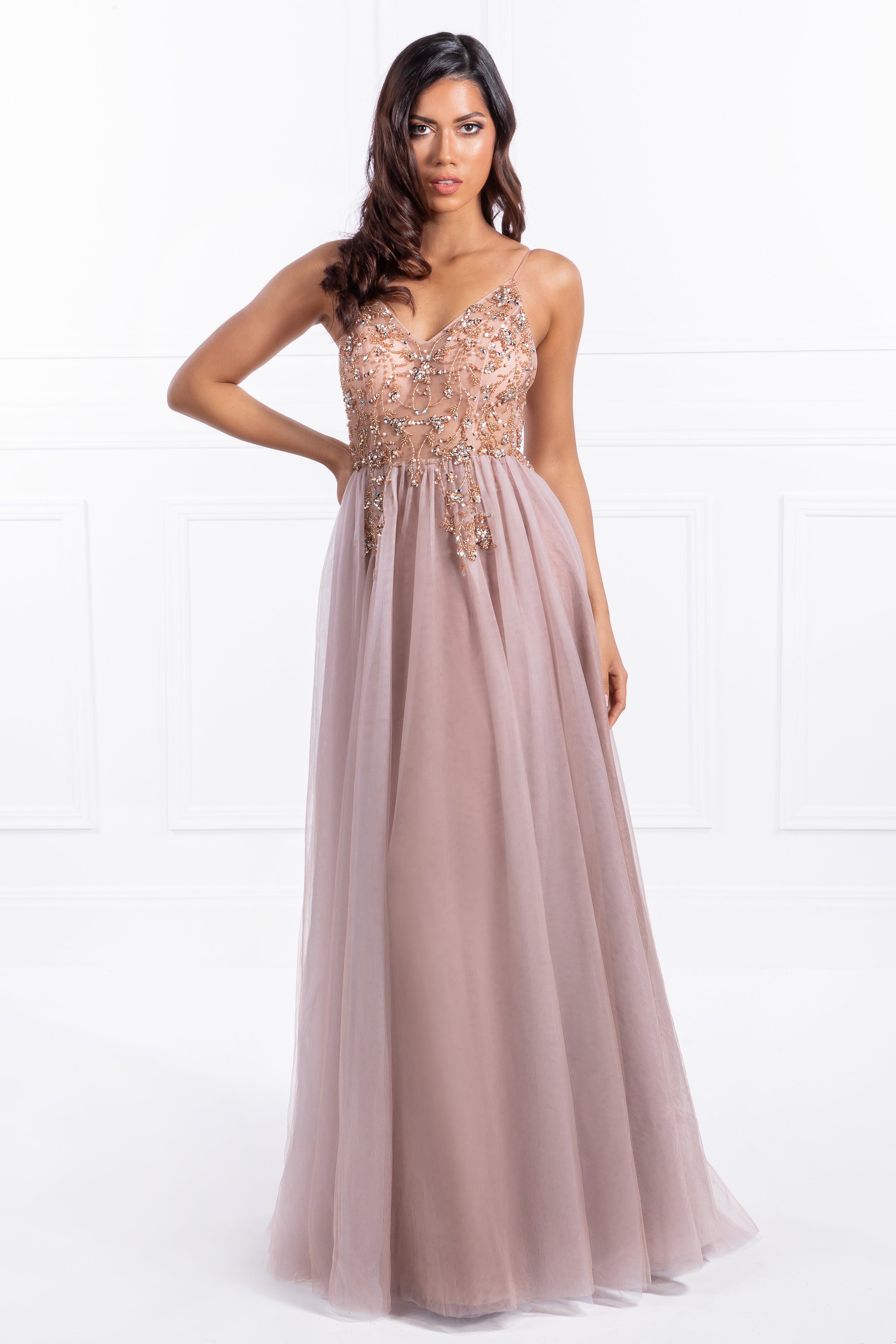 Honey Couture JANA Pink Crystal Beaded Tulle Formal Gown