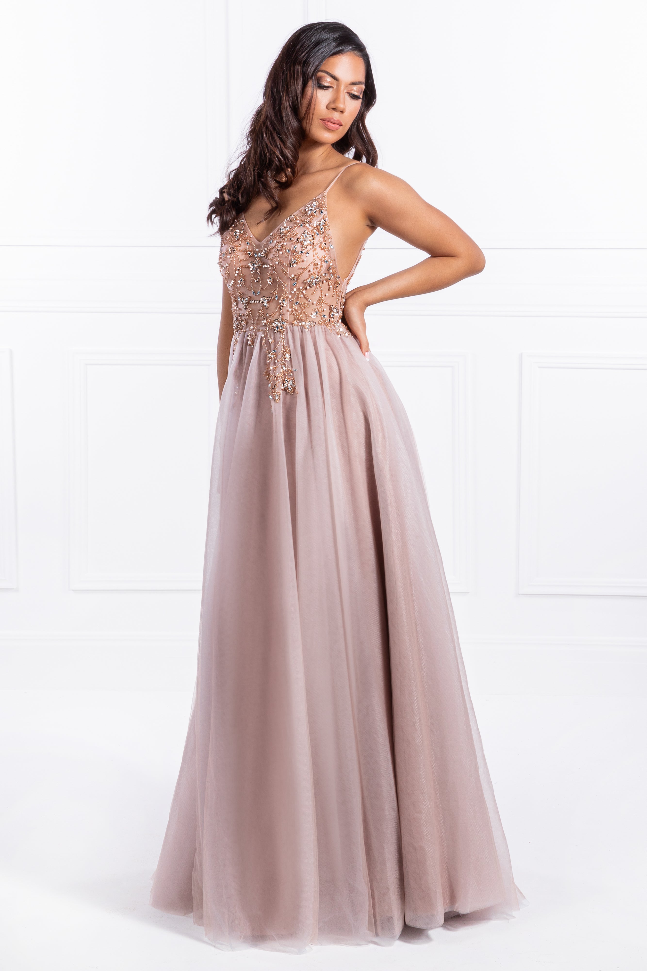 Honey Couture JANA Pink Crystal Beaded Tulle Formal Gown