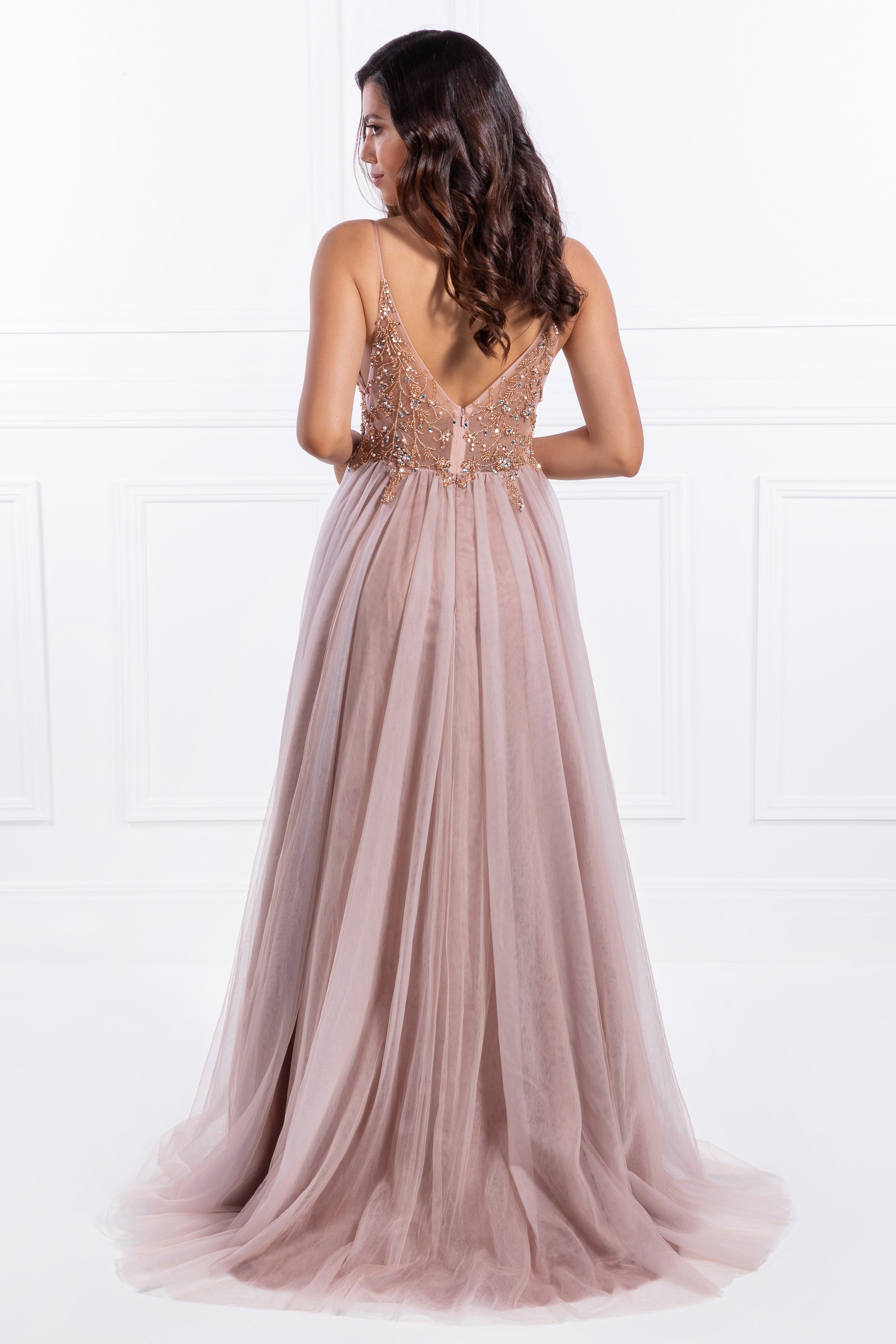 Honey Couture JANA Pink Crystal Beaded Tulle Formal Gown