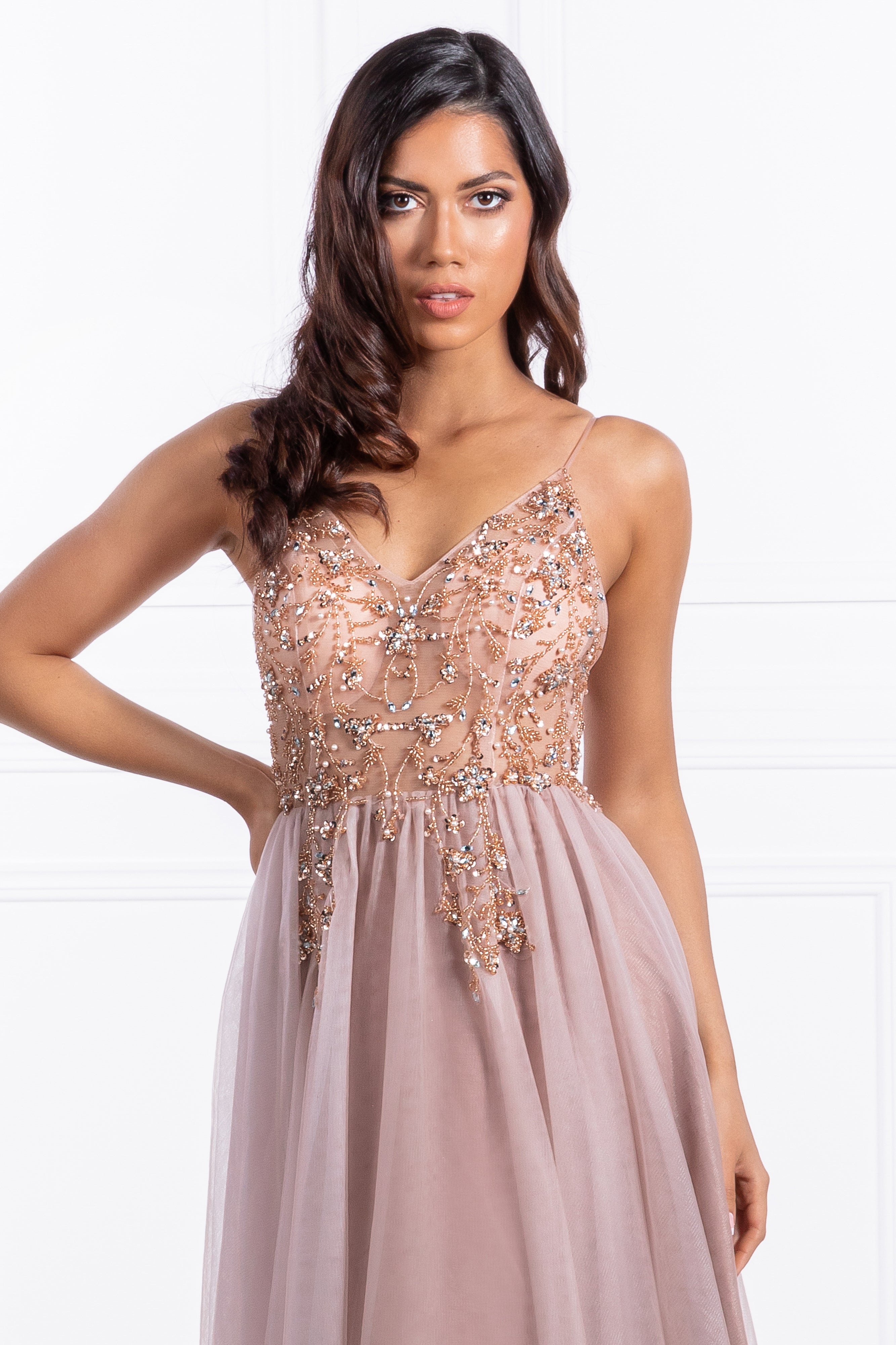 Honey Couture JANA Pink Crystal Beaded Tulle Formal Gown