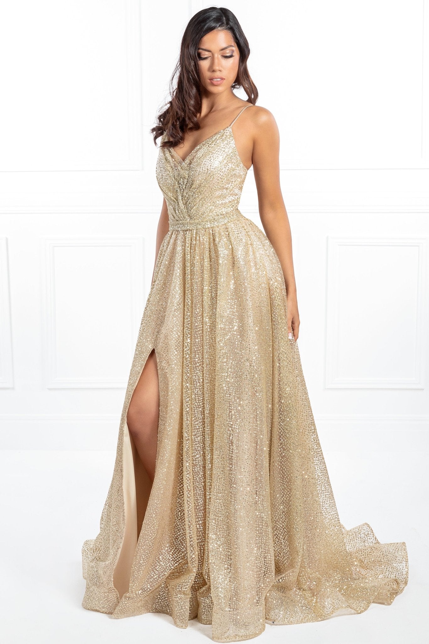 Honey Couture AVA Gold Glitter Sparkle Ball Gown Formal Dress in Australia | One Honey Boutique