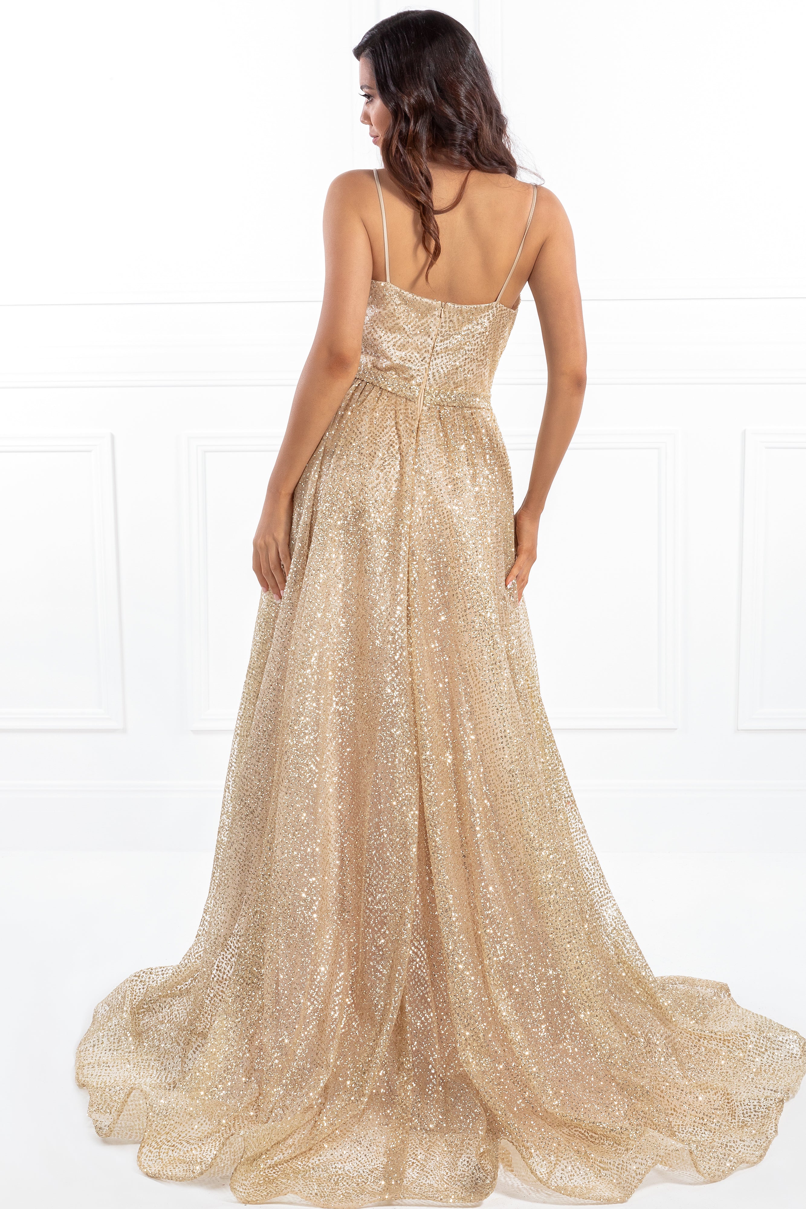 Honey Couture AVA Gold Glitter Sparkle Ball Gown Formal Dress