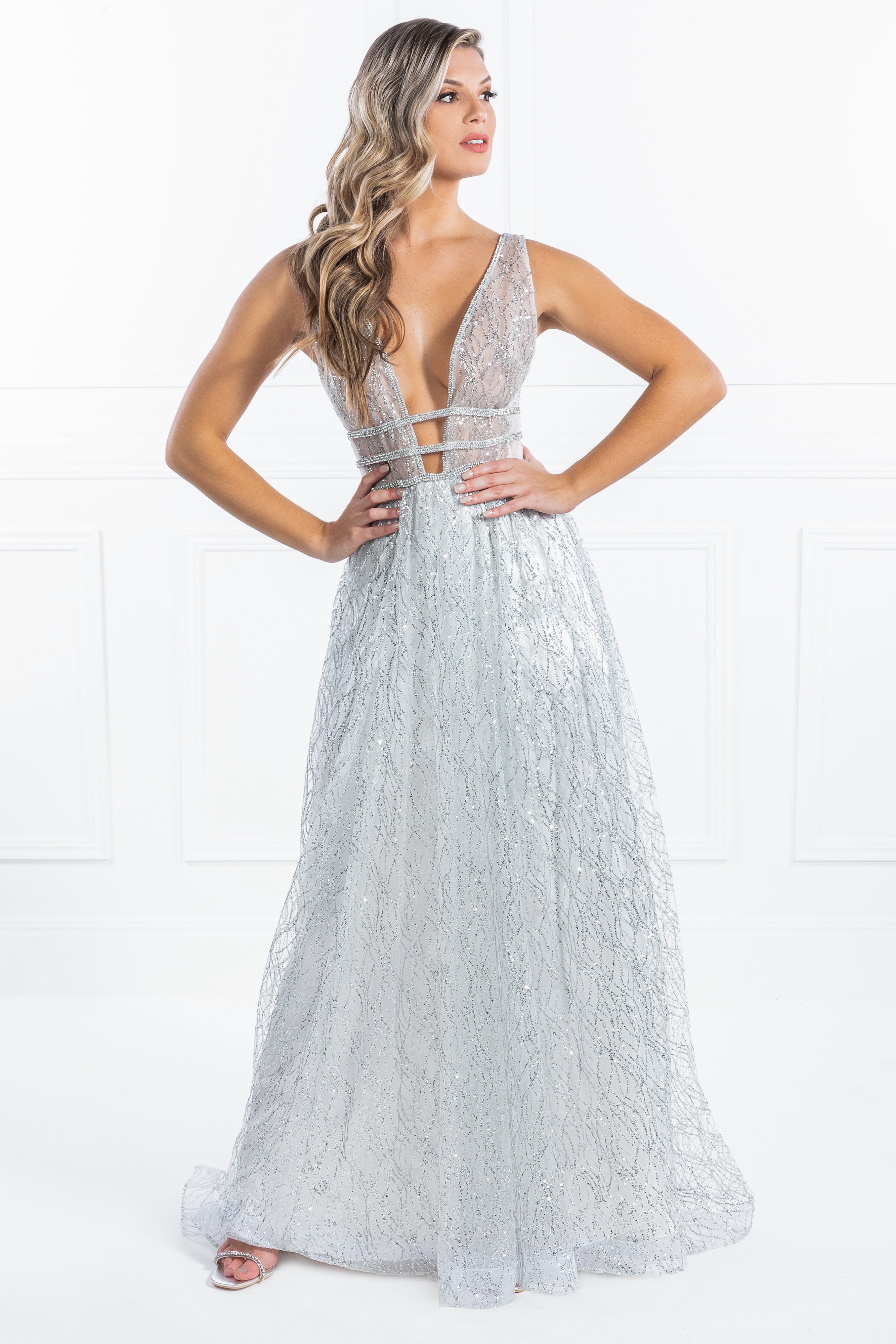Honey Couture ENYA White & Silver Glitter Formal Gown