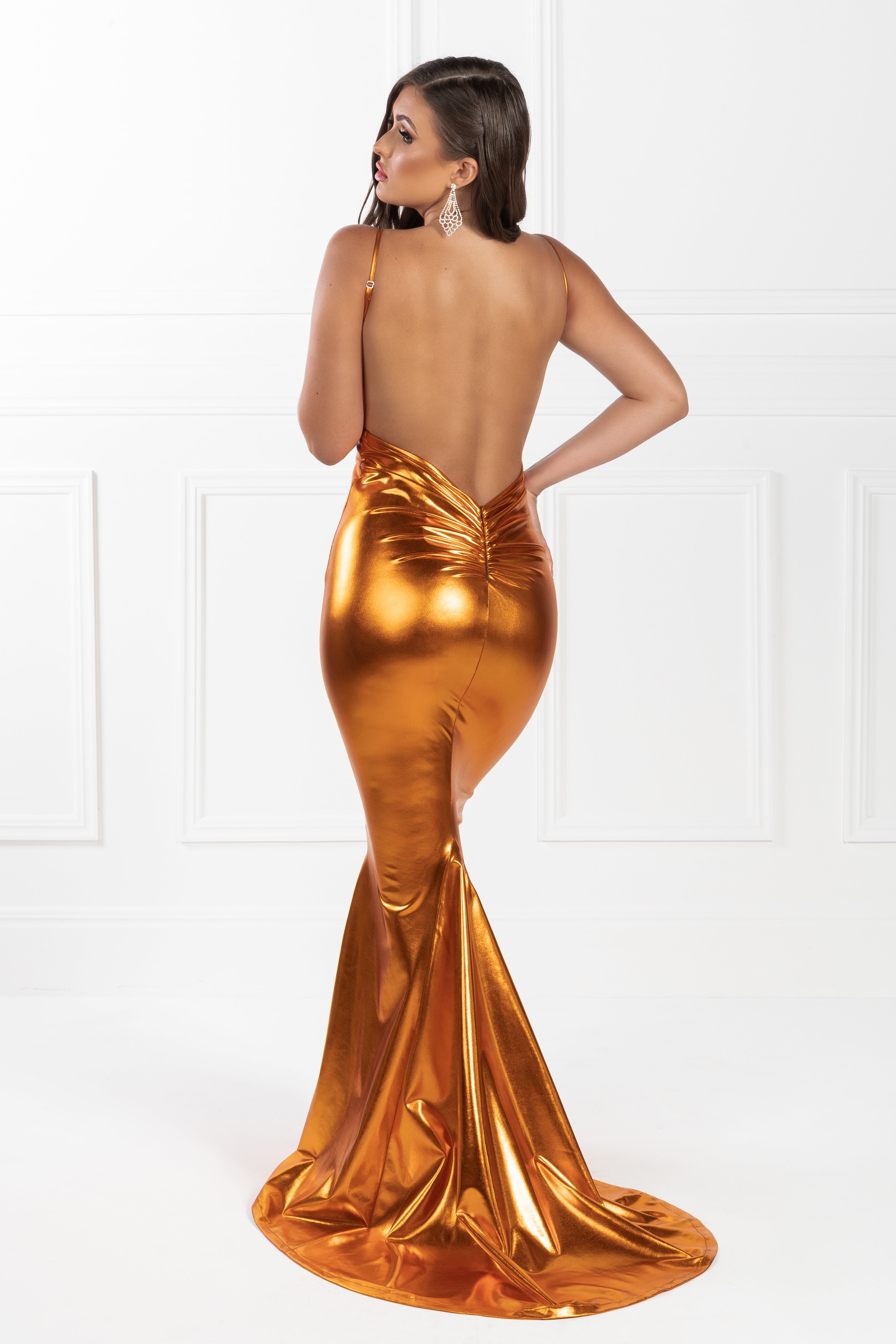 Honey Couture MILEE Metallic Orange Low Back Mermaid Evening Gown Dress