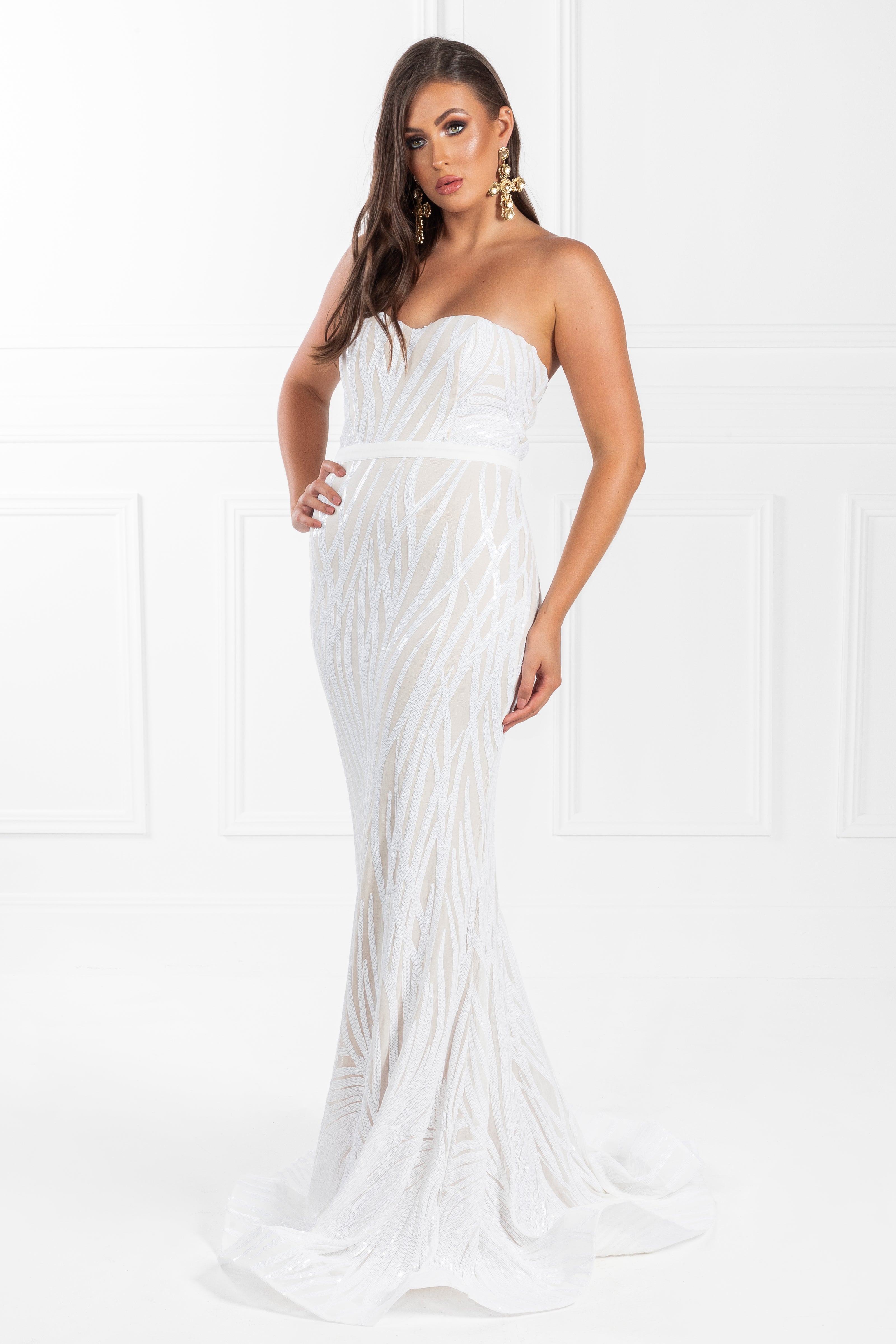 Honey Couture EVITA White Nude Strapless Sequin Wedding Formal Dress