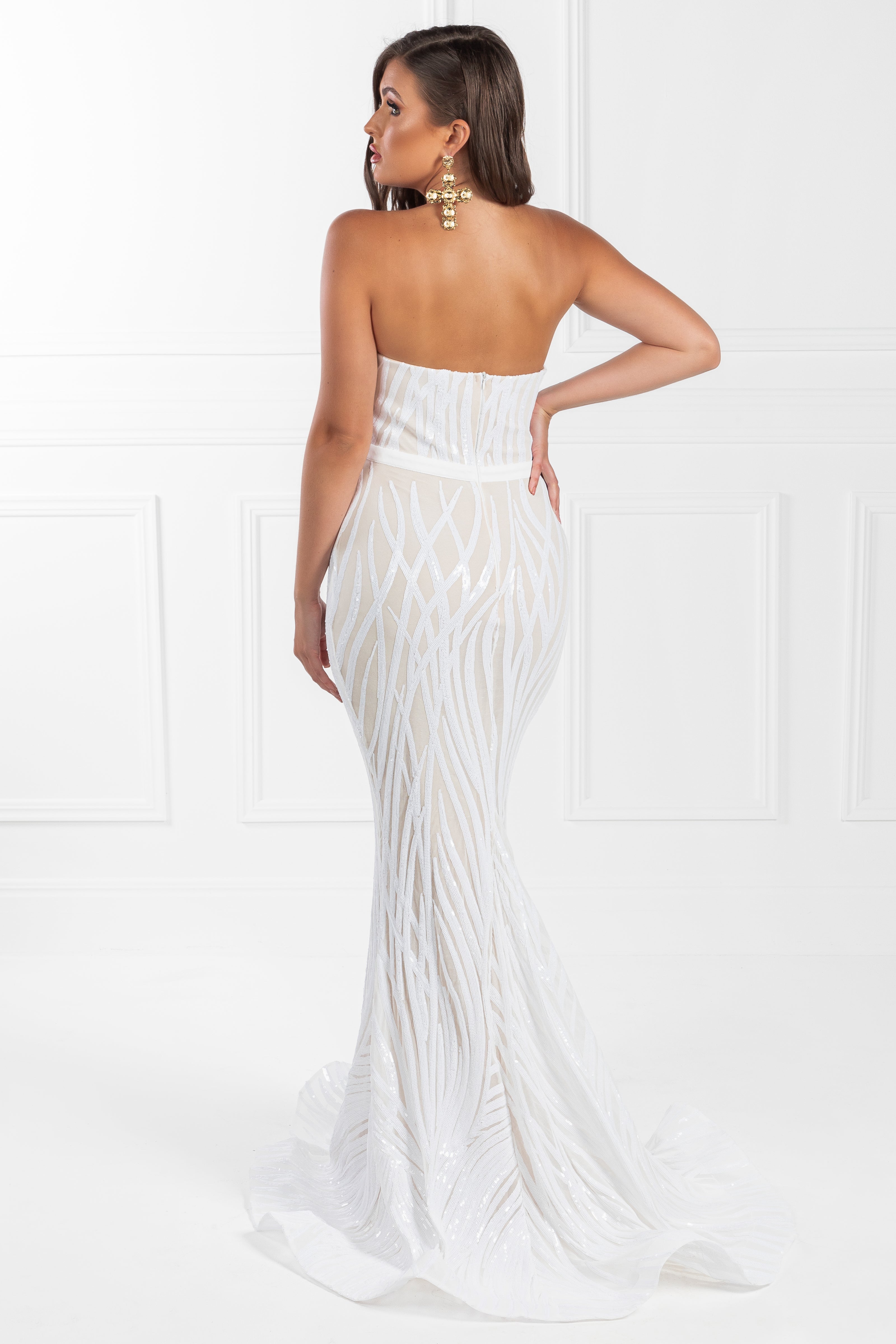 Honey Couture EVITA White Nude Strapless Sequin Wedding Formal Dress