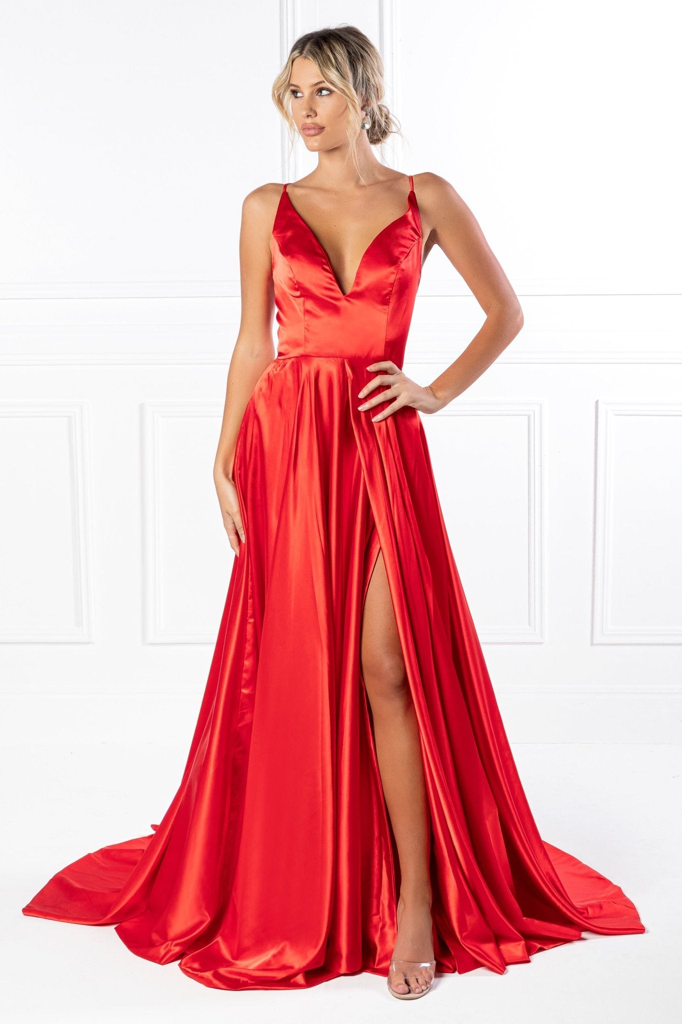 Honey Couture JAYNE Satin Deep V Full Skirt Made To Order Formal Dress in Australia | One Honey Boutique