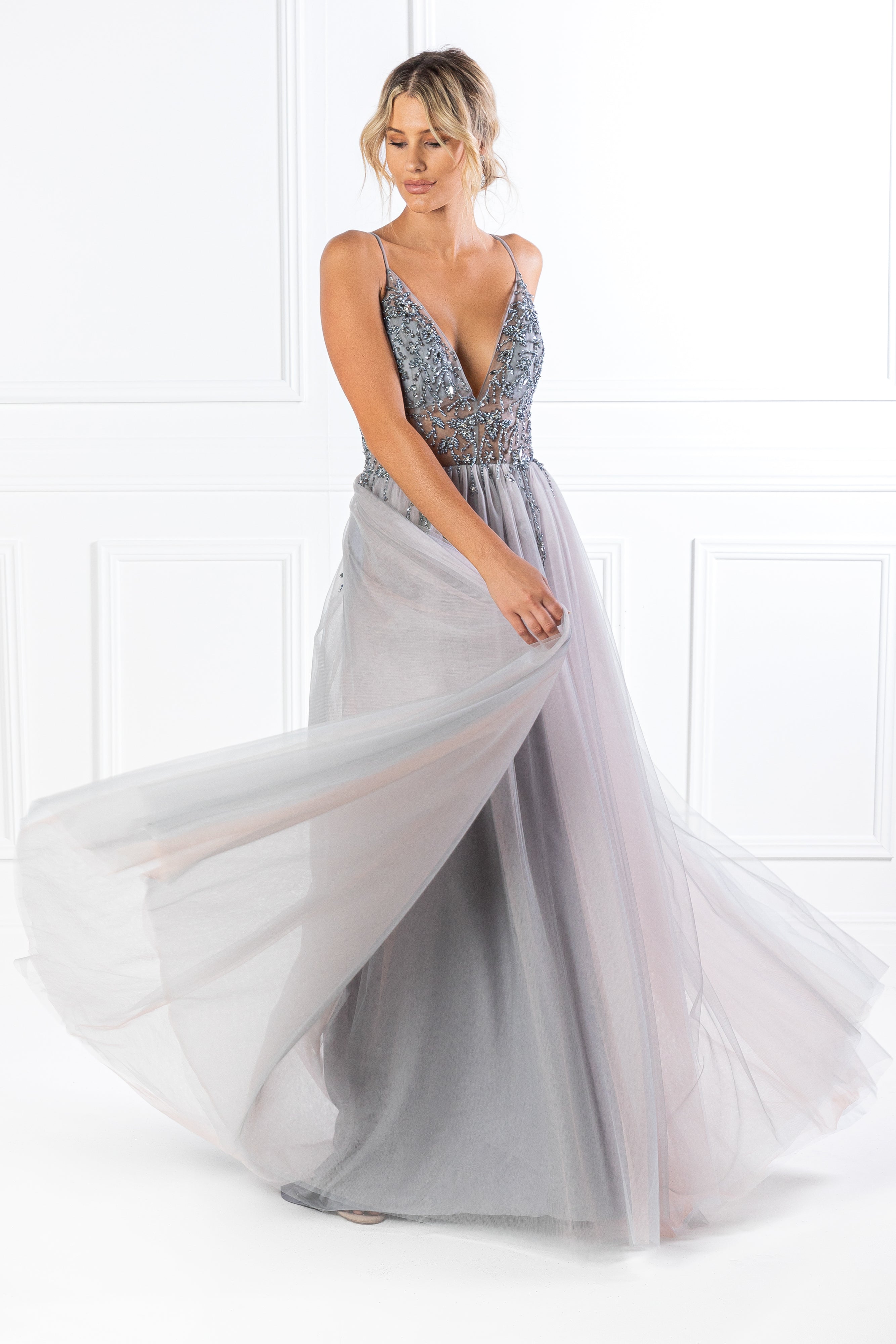 Honey Couture VIOLET Grey Tulle Crystal Beaded Formal Dress {vendor} AfterPay Humm ZipPay LayBuy Sezzle
