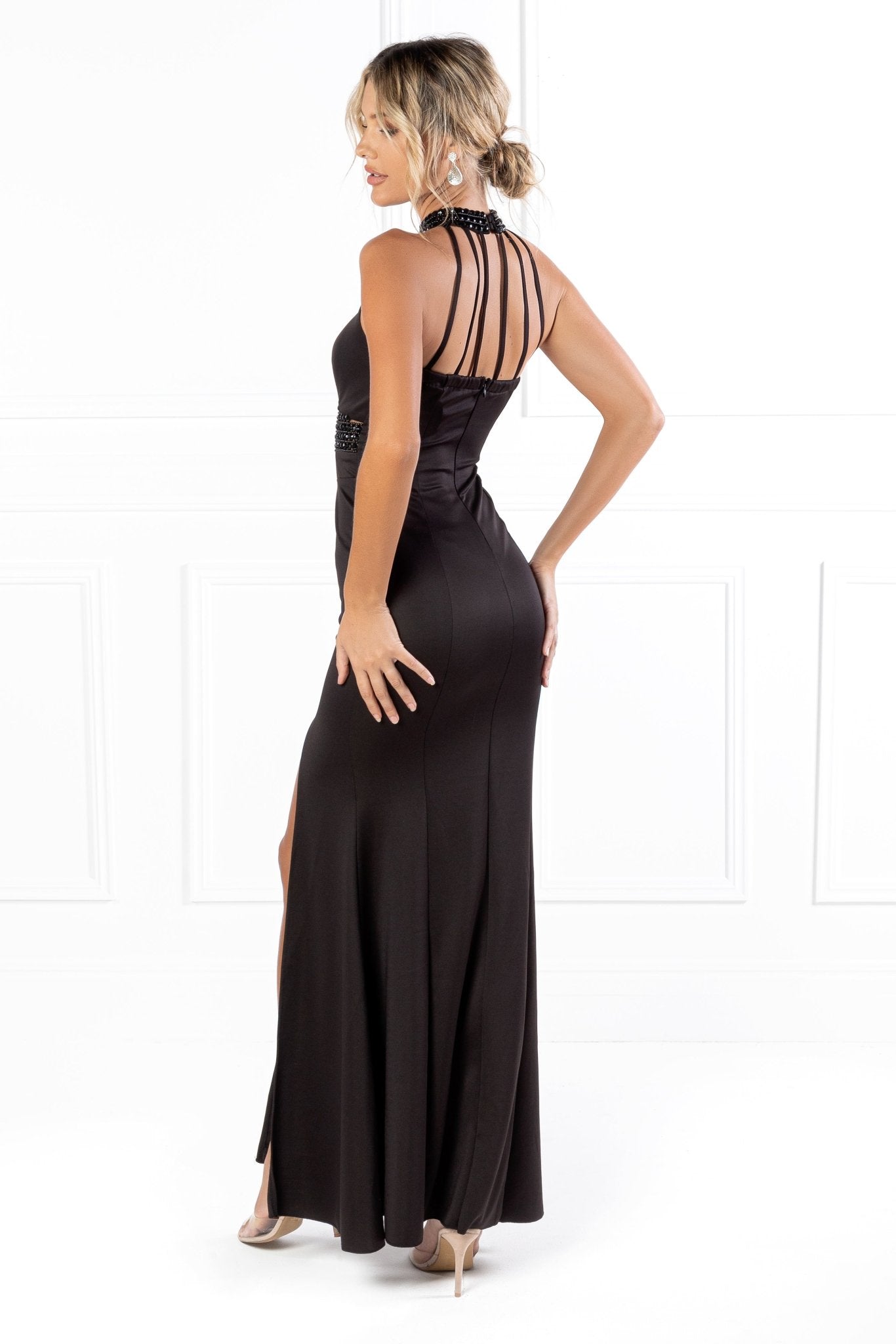 Honey Couture VALERIA Black Beaded Halter Formal Gown in Australia | One Honey Boutique