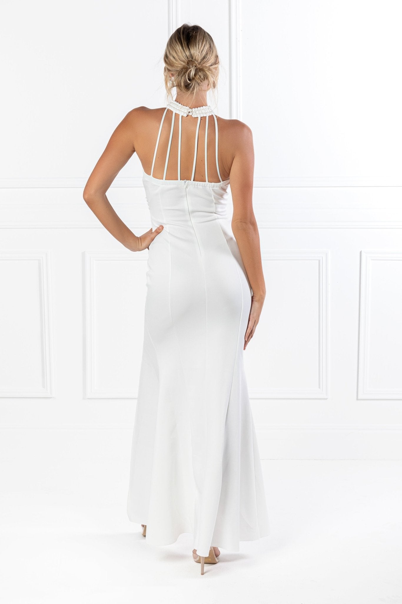 Honey Couture VALERIA White Beaded Halter Formal Gown in Australia | One Honey Boutique
