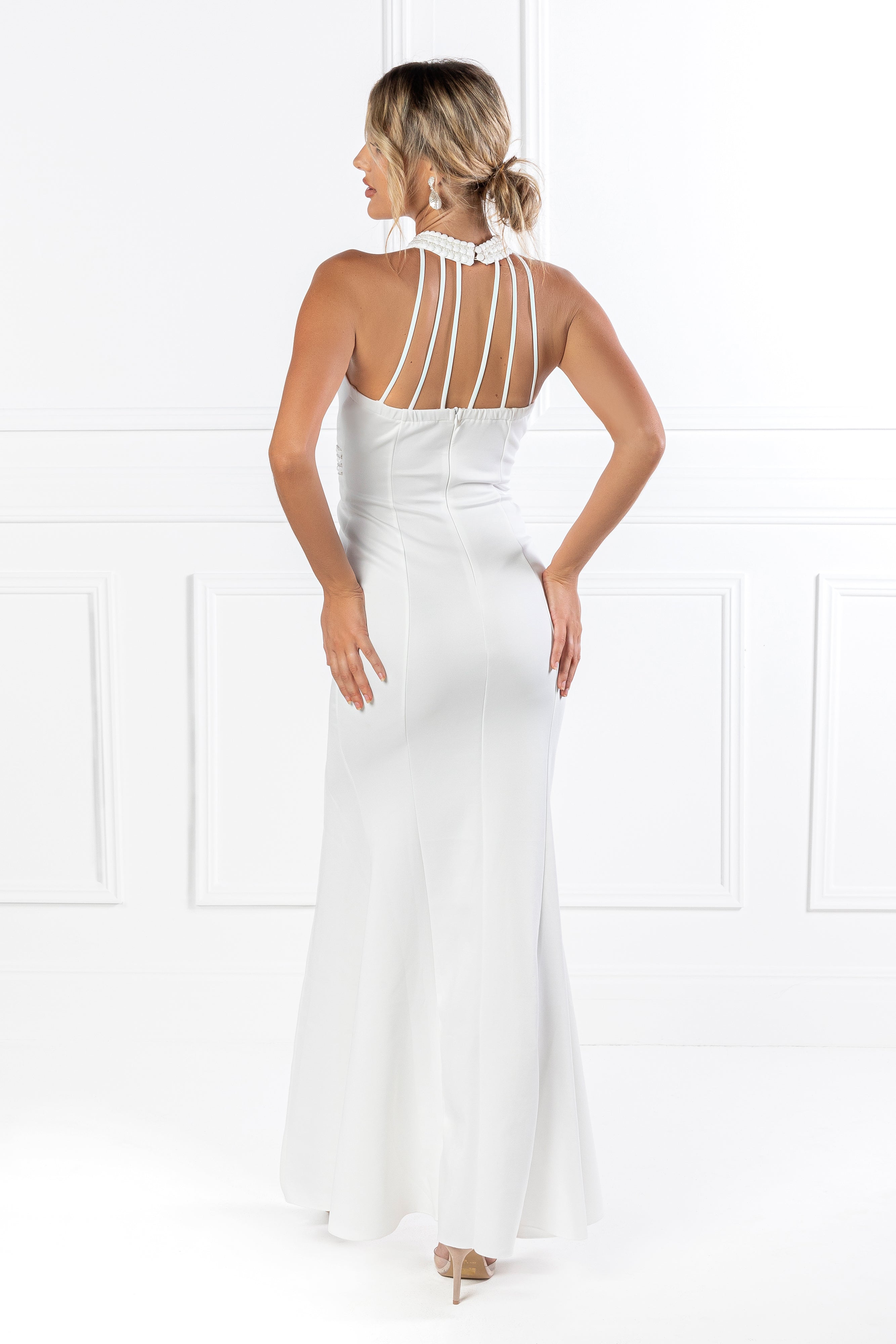 Honey Couture VALERIA White Beaded Halter Formal Gown {vendor} AfterPay Humm ZipPay LayBuy Sezzle
