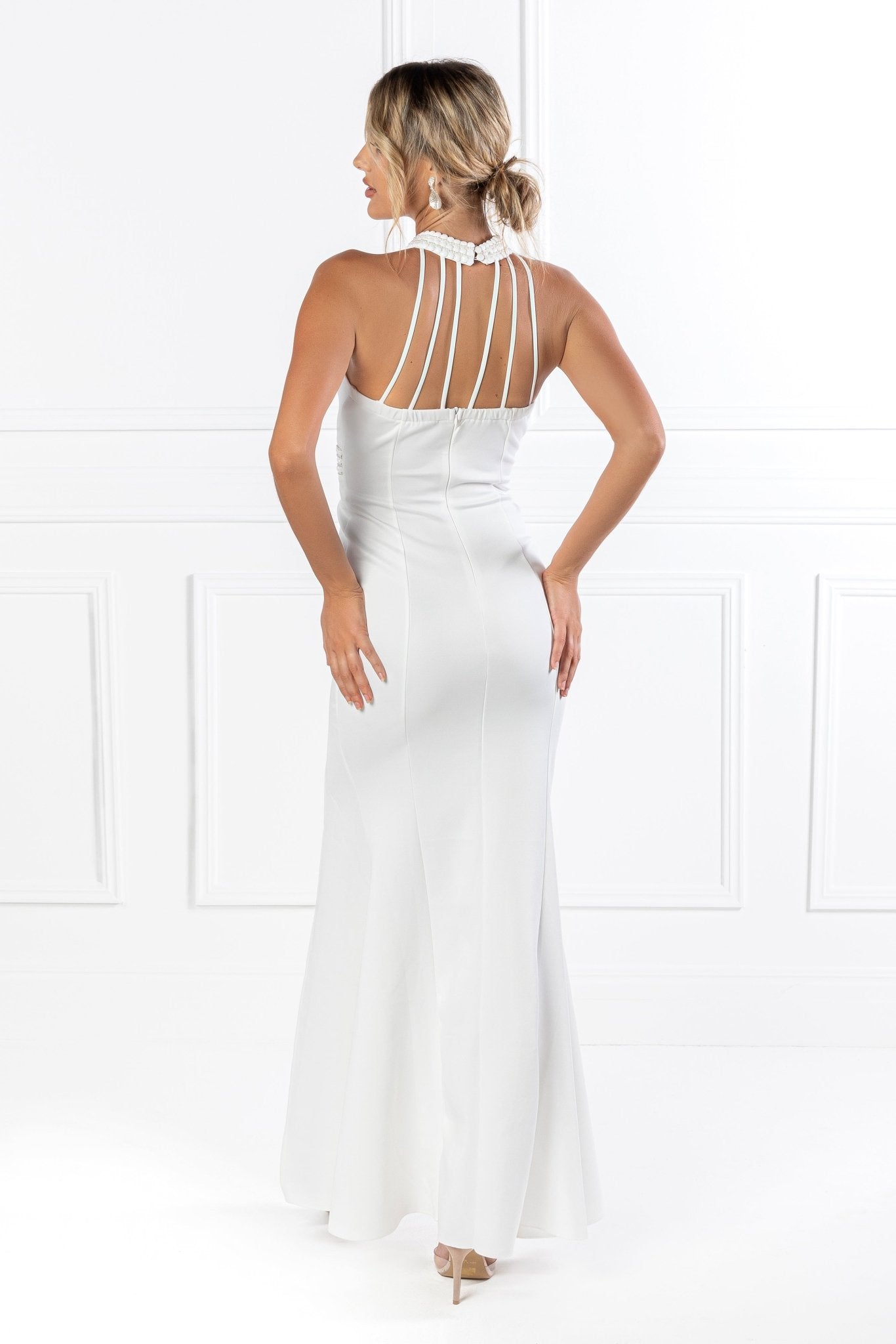 Honey Couture VALERIA White Beaded Halter Formal Gown in Australia | One Honey Boutique